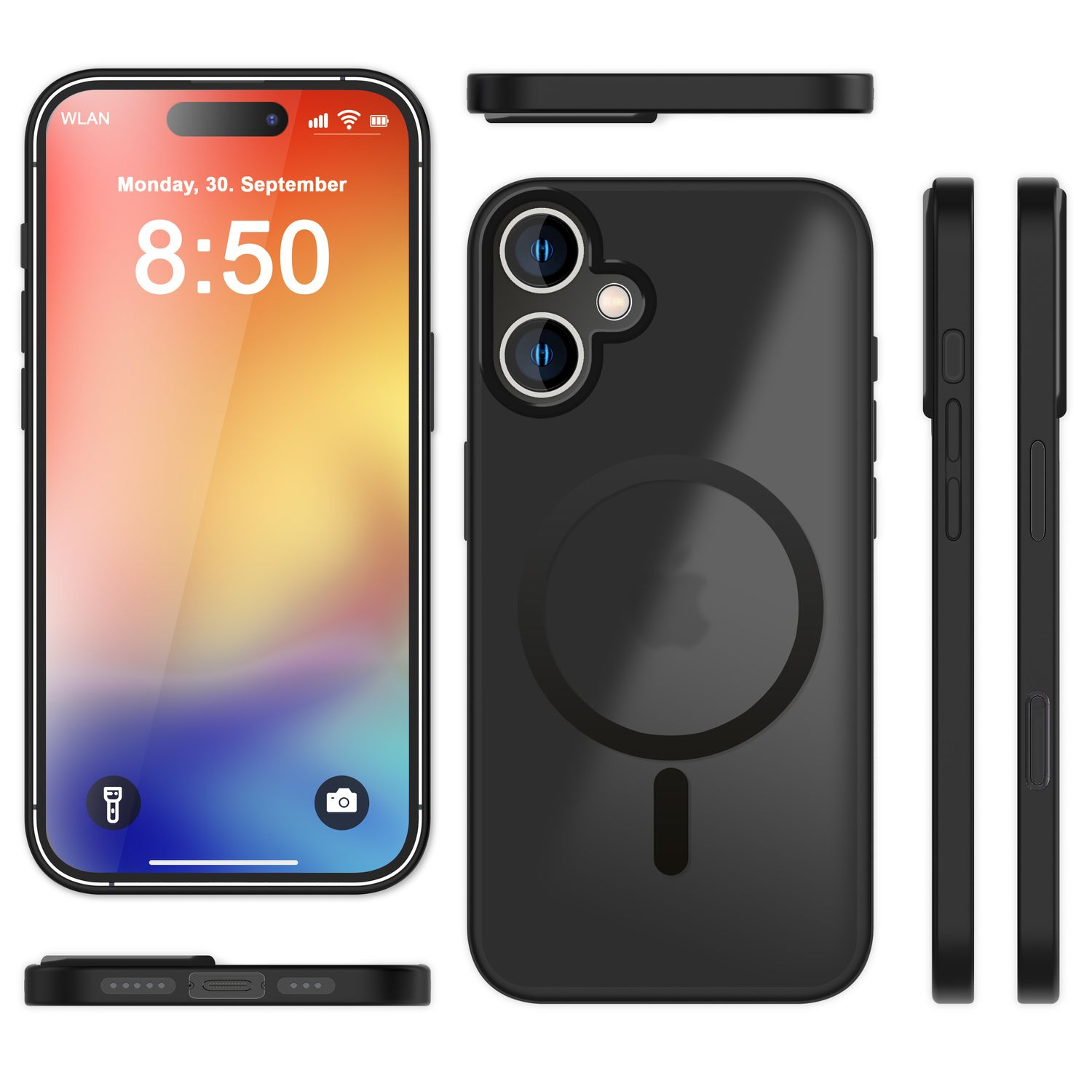 Schwarze Handyhülle mit Telefon darin und verschiedenen Winkeln der Hülle.