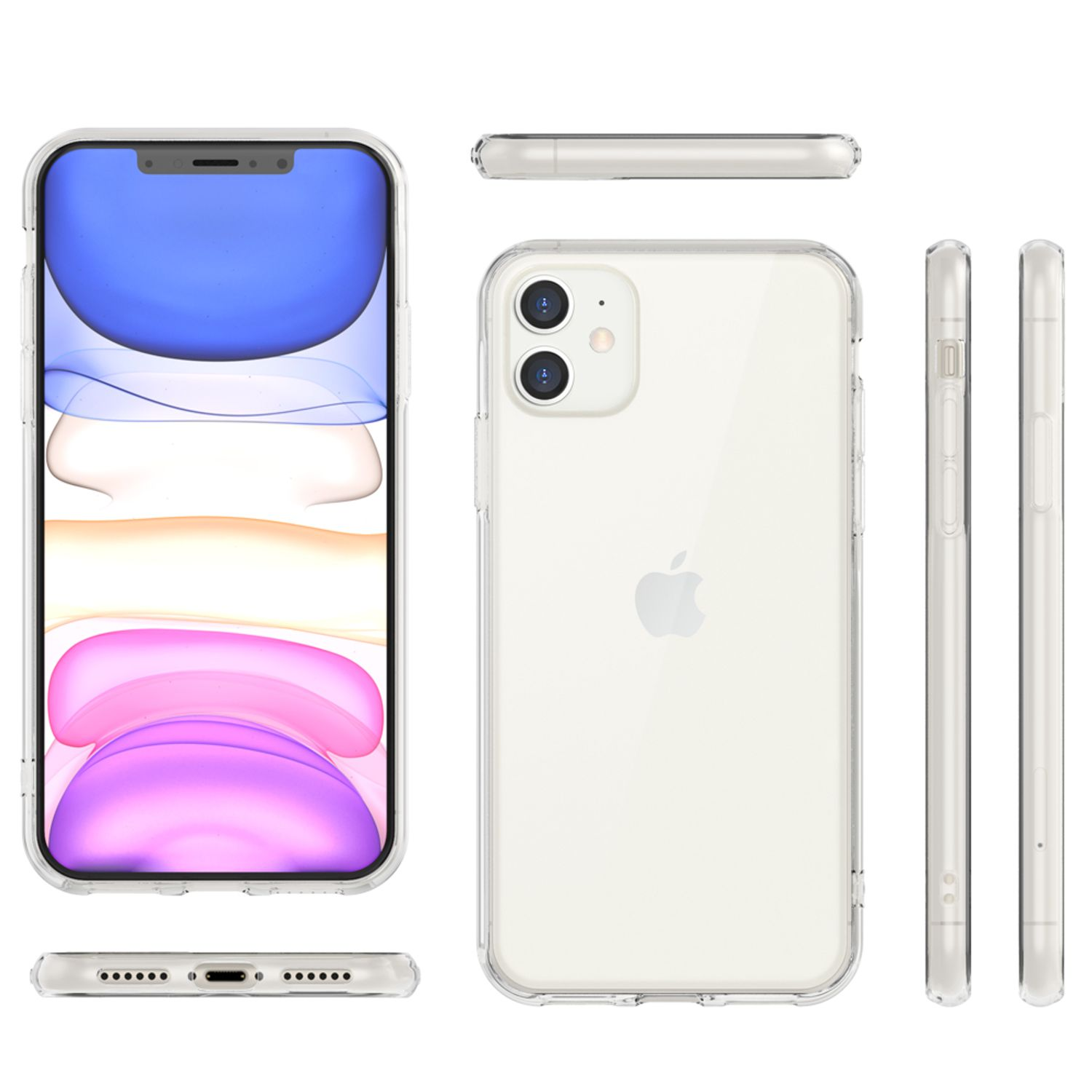 Mehrere Blickwinkel einer Handyhülle auf einem weißen Telefon, die das Telefon und die Hülle zeigen.