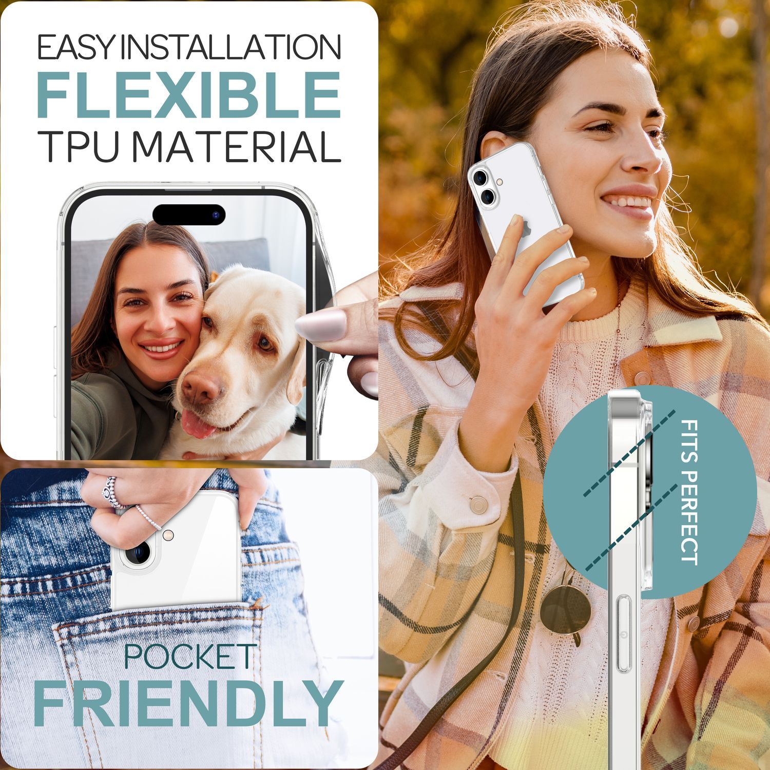 Mujer hablando por teléfono con funda transparente, foto de perro y teléfono en bolsillo.