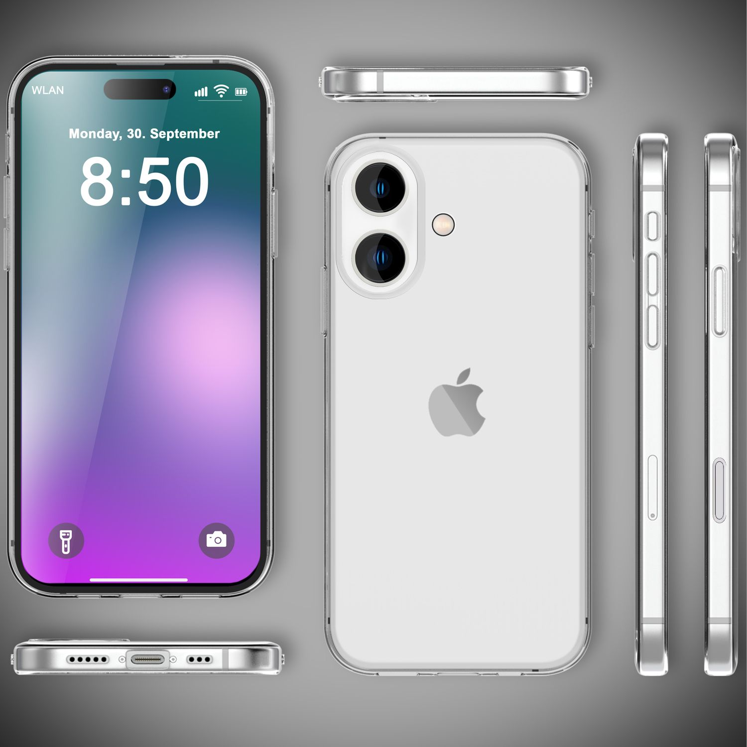 Una funda transparente para teléfono con un teléfono, mostrado desde varios ángulos.