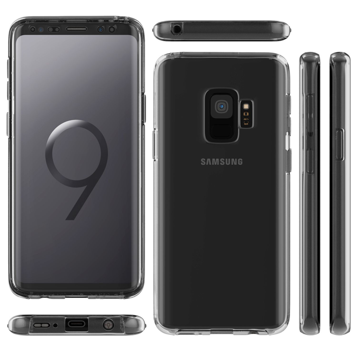 Mehrere Winkel einer transparenten Handyhülle auf einem schwarzen Telefon, die das Telefon und die Hülle zeigen.