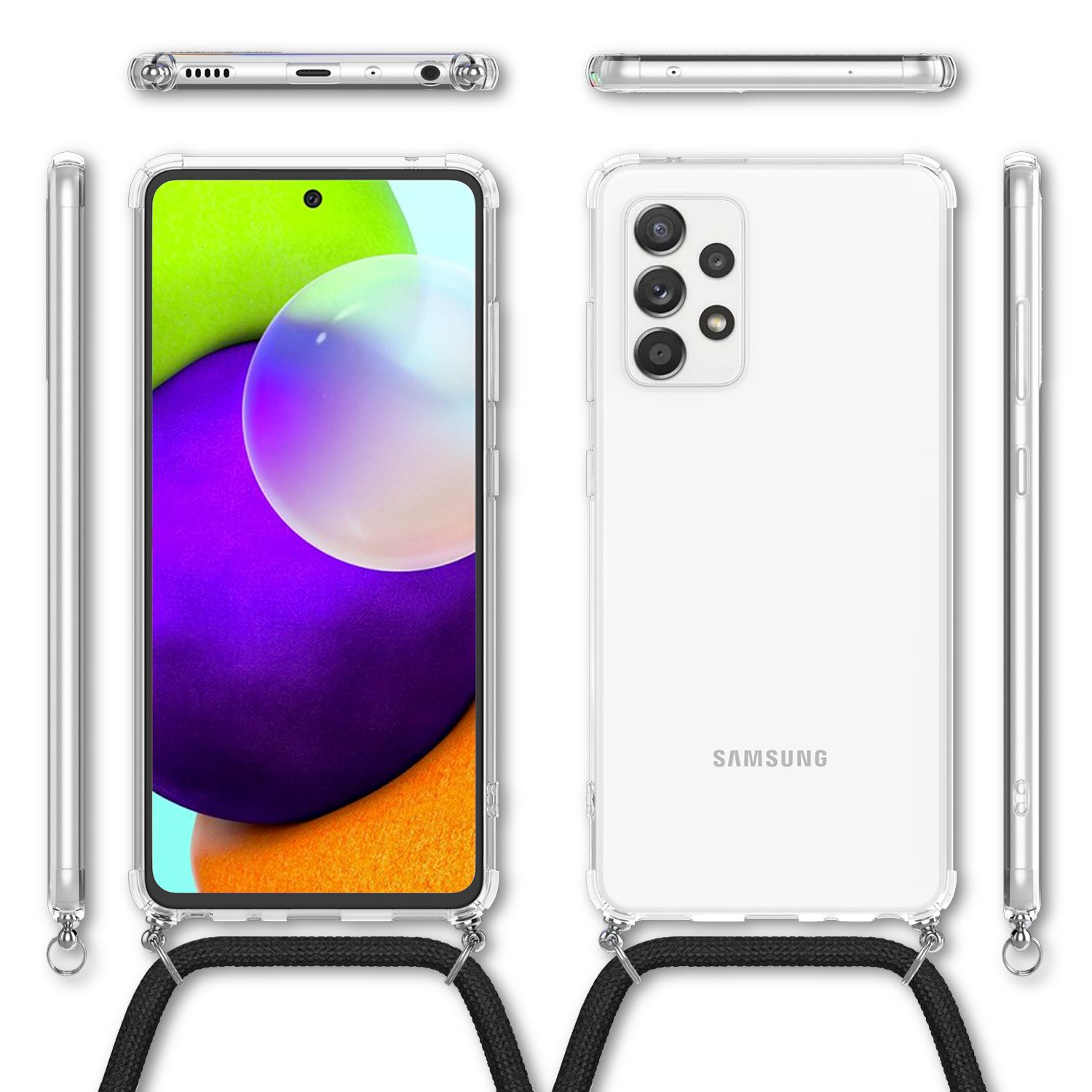 Una custodia trasparente per telefono con un cordino su un telefono bianco con sfondo viola e verde.