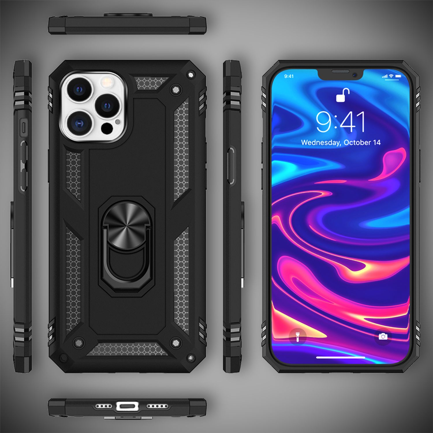 Schwarze Handyhülle auf schwarzem Hintergrund. Mehrere Ansichten, mit Telefon im Inneren.