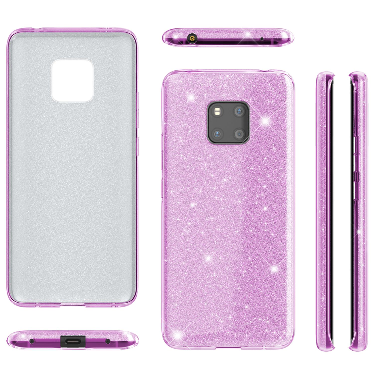 Glitzernde pinke Handyhülle. Mehrere Ansichten zeigen Design und Eigenschaften.