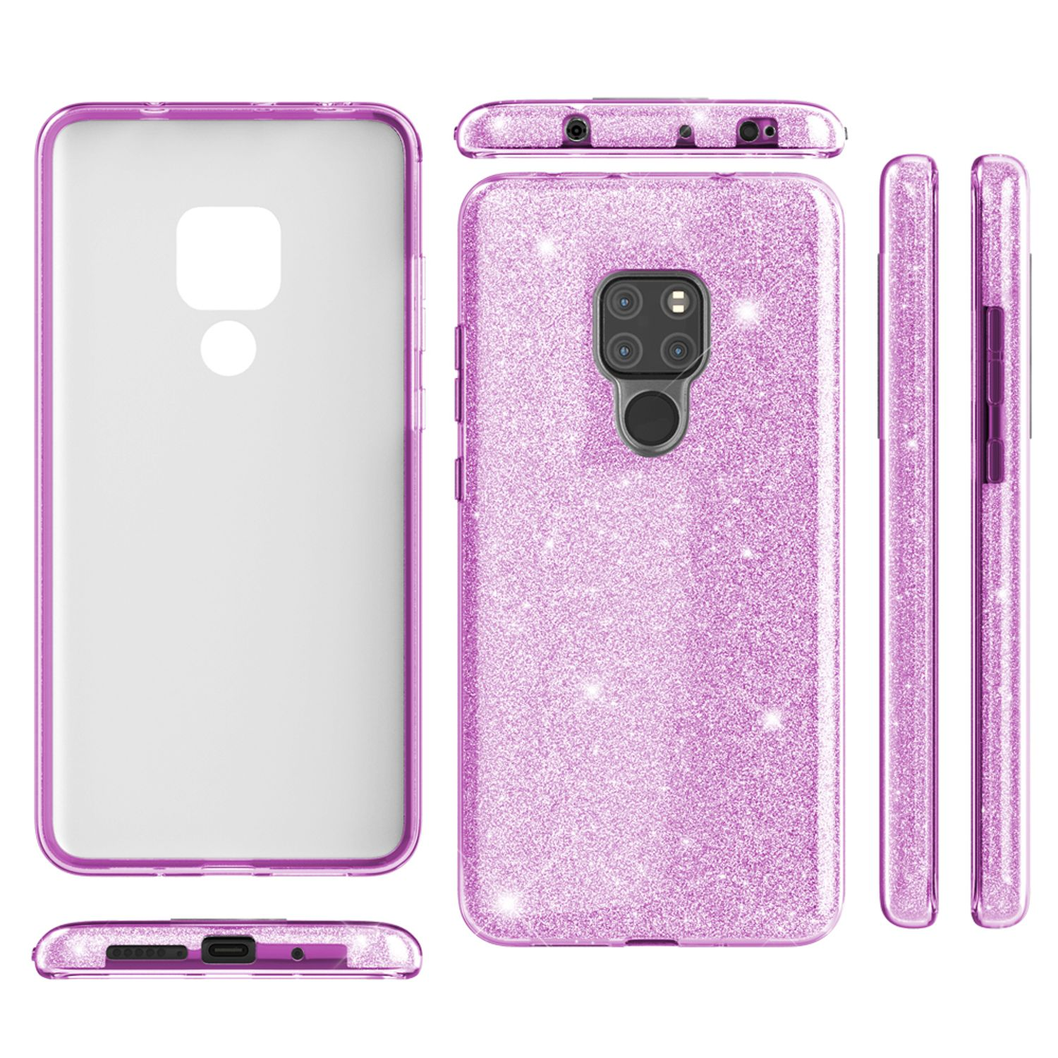 Handyhülle, mehrere Ansichten. Rosa Glitzerhülle. Innen glänzendes Silber.