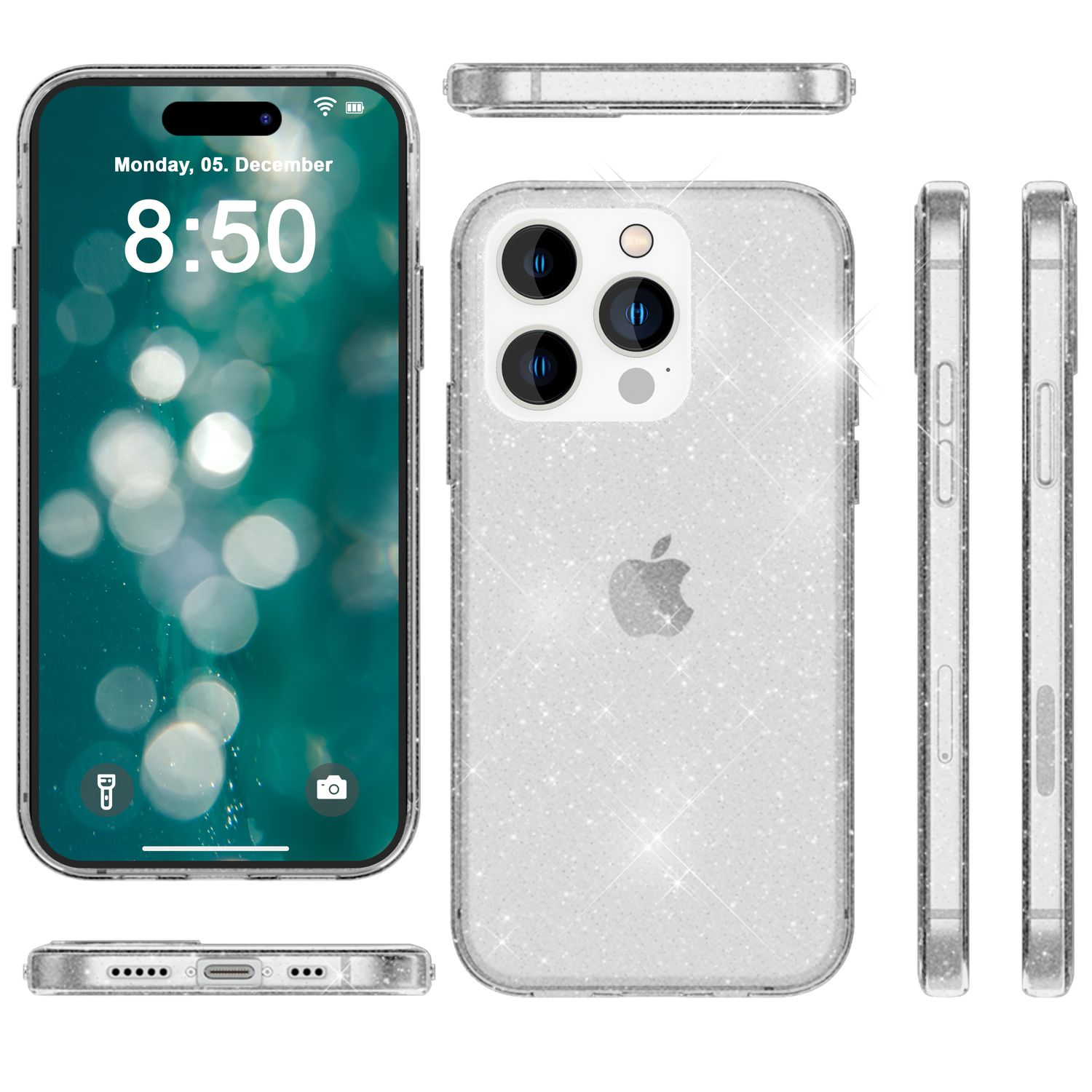Transparente Glitzer-Handyhülle, mehrere Ansichten. Handyhülle mit Glitzer.
