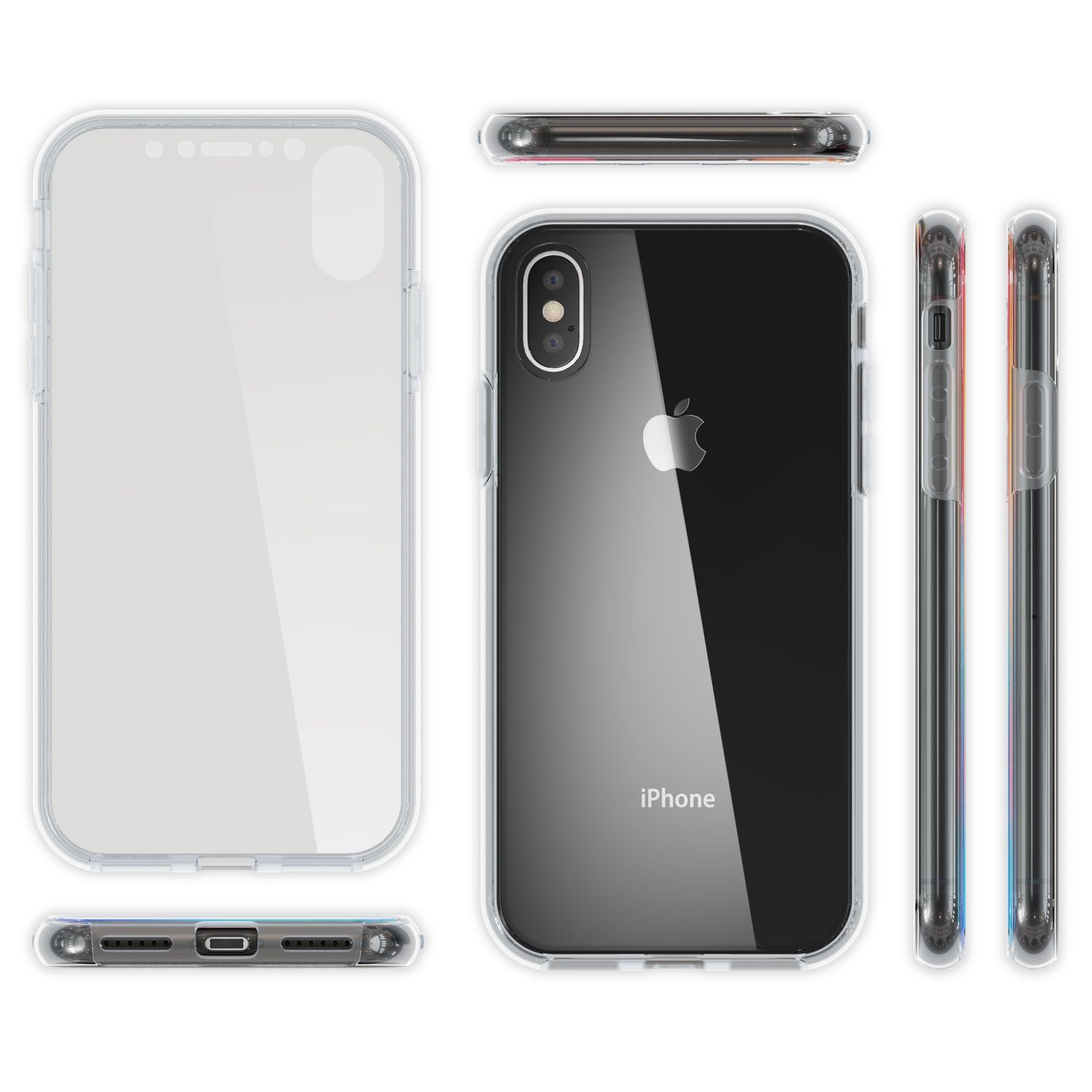 Transparente Handyhülle. iPhone mit Apple-Logo. Seitenansichten der Hülle.