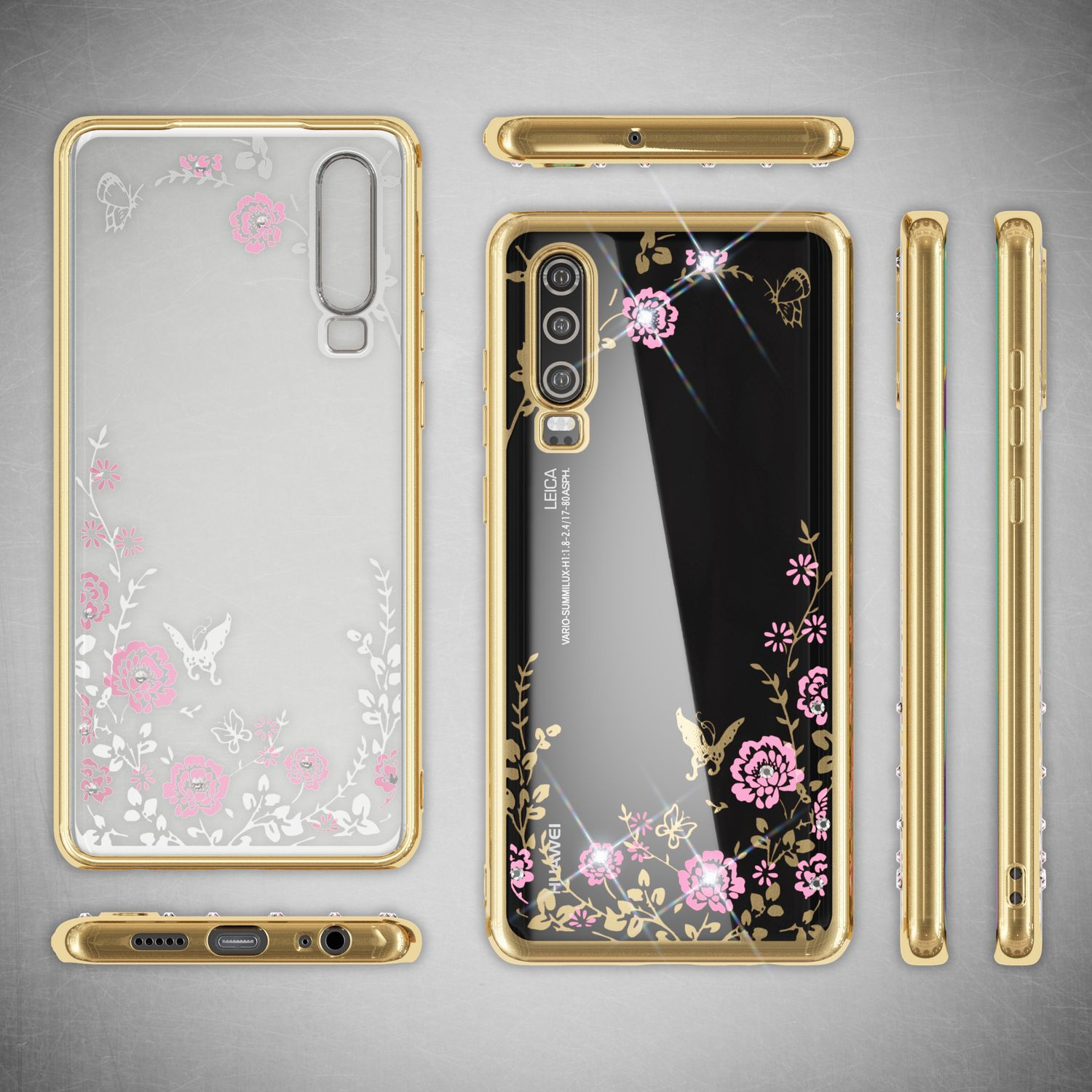 Goldene Handyhülle mit floralem Muster. Huawei-Telefon. Seitenansichten der Hülle.