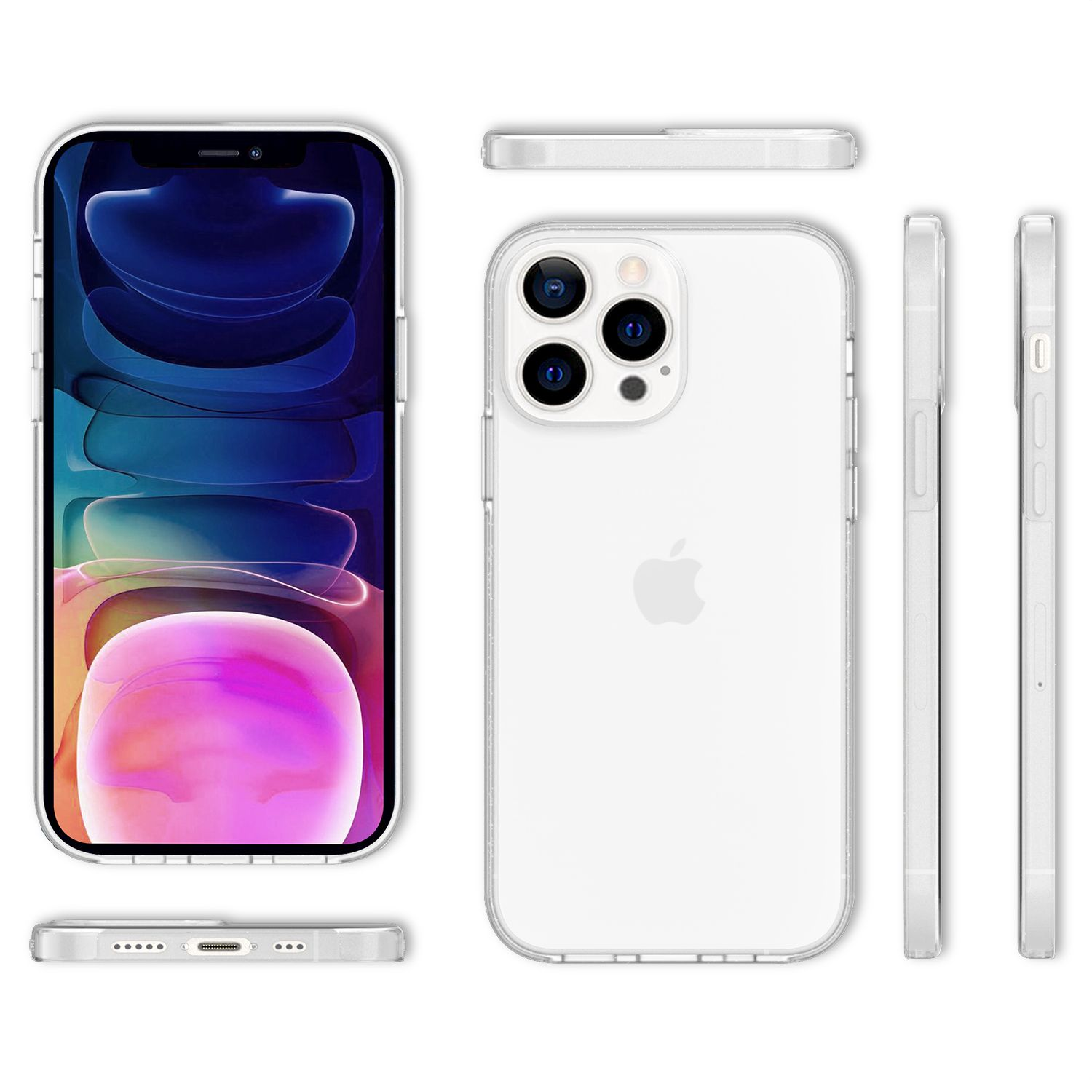 Transparente Handyhülle. iPhone mit Apple-Logo. Seitenansichten der Hülle.