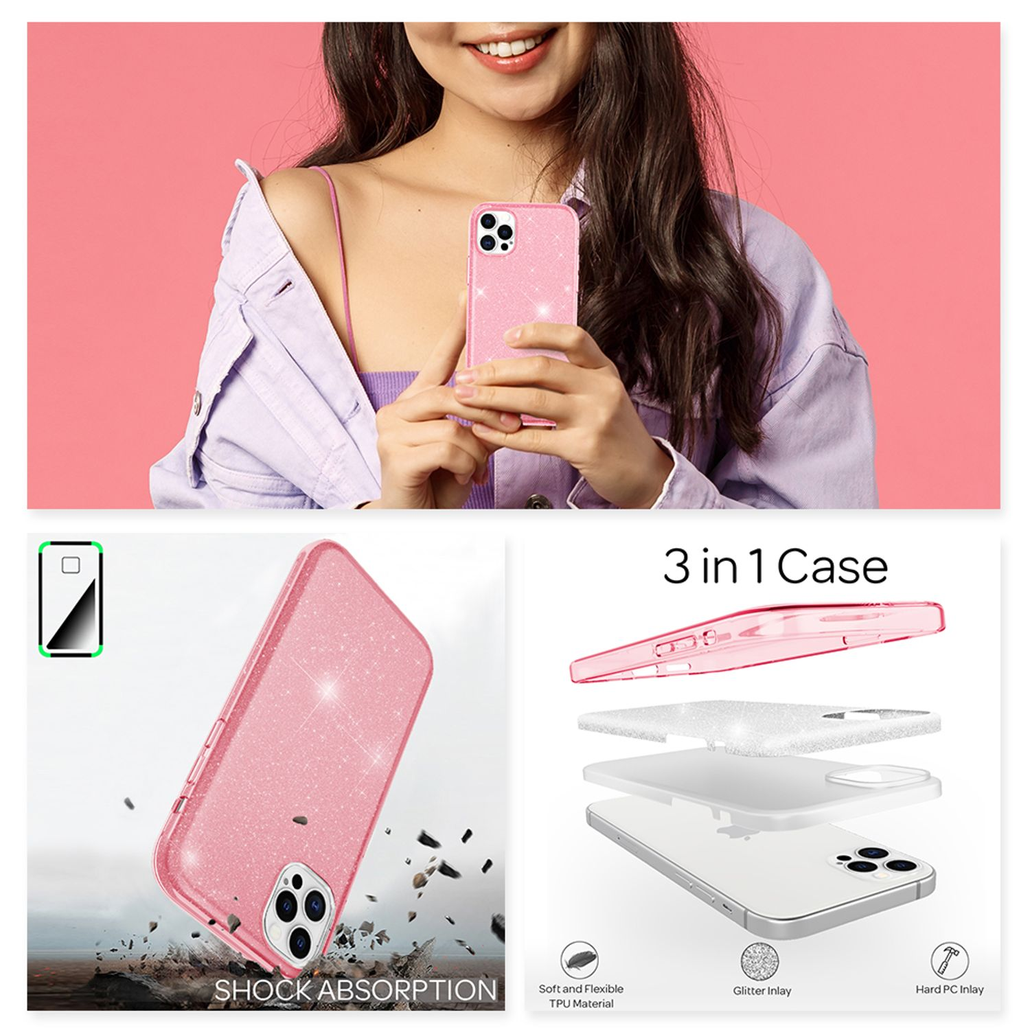 Rosa Glitzer-Handyhülle mit dreiteiligem Design. Frau im Hintergrund hält ein Telefon, ein Case liegt am Boden.