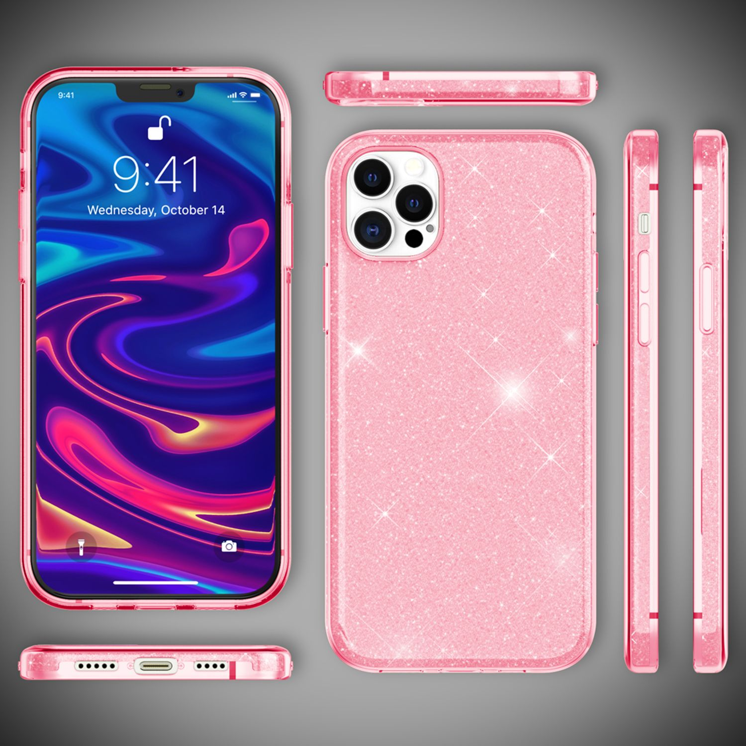 Pinkfarbene Glitzer-Handyhülle. Telefon mit Bildschirm. Seitenansichten der Hülle.