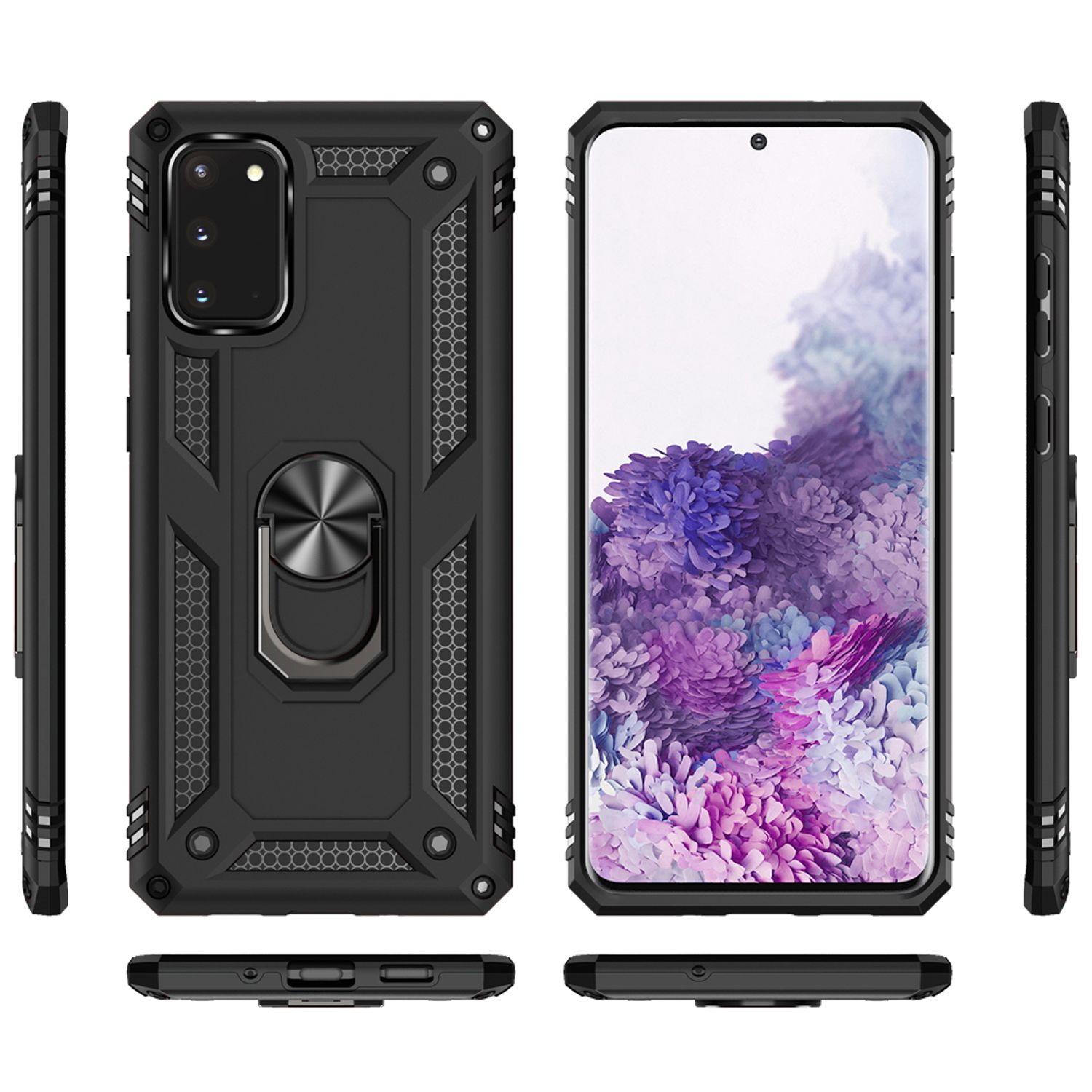 Schwarze Handyhülle mit Ringhalter und Schutzdesign. Zeigt das Telefon aus verschiedenen Winkeln.