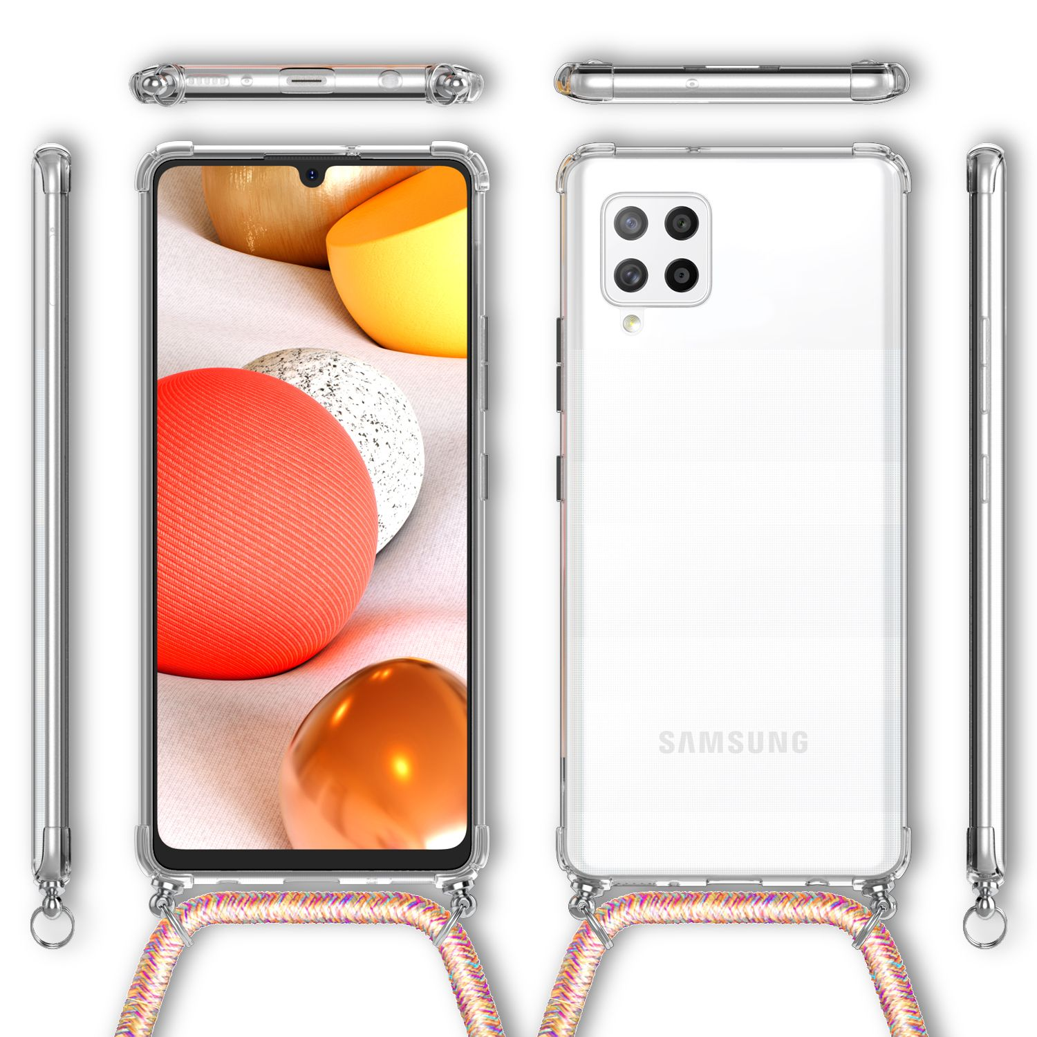 Transparente Handyhülle mit Trageriemen. Das Telefon ist sichtbar und hat eine glänzende weiße Rückseite.