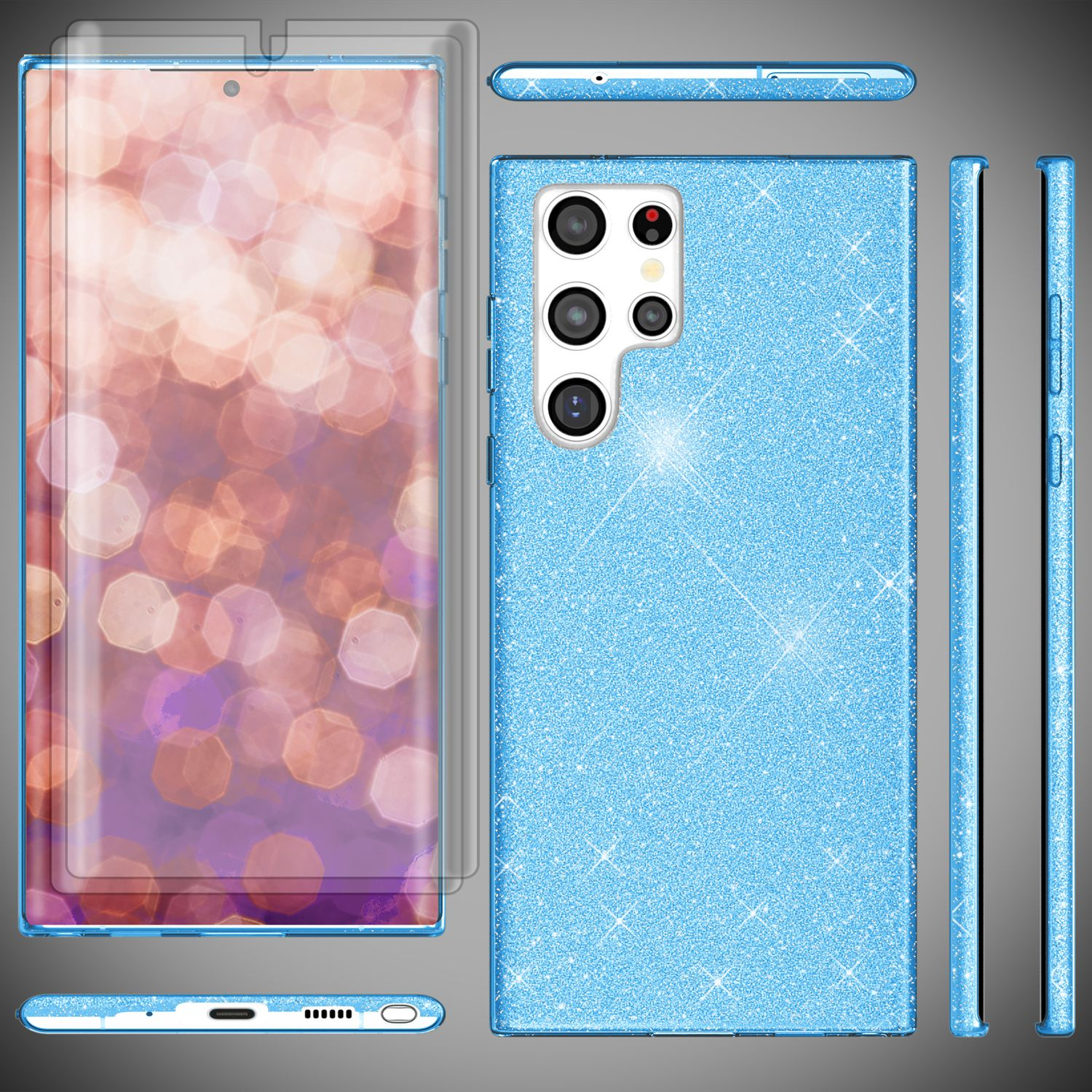Blaue Glitzer-Handyhülle mit Displayschutz. Mehrere Ansichten des Telefons.