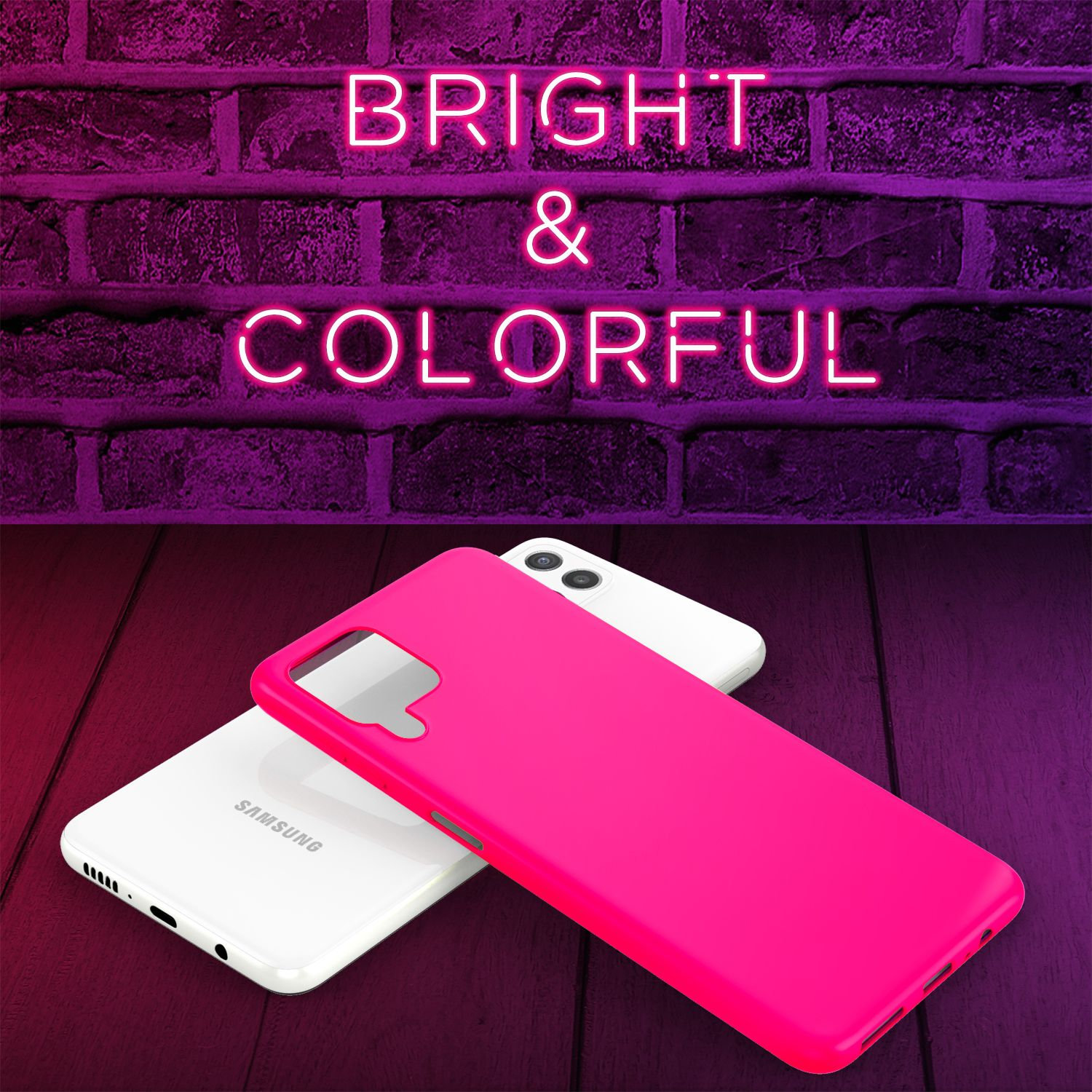 Hellrosa Handyhülle auf einem Holztisch, mit einem weißen Telefon. Neon-Schild "BRIGHT & COLORFUL".