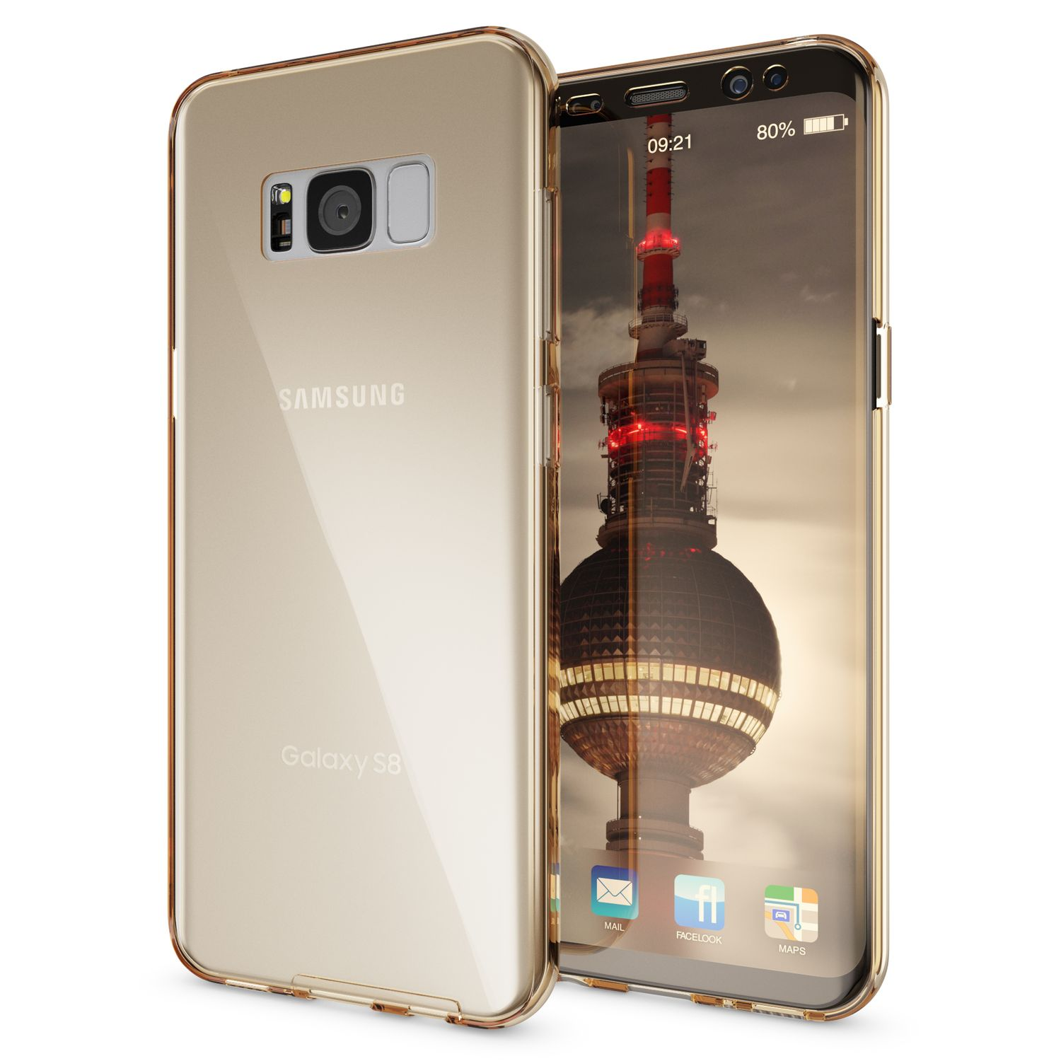 Goldene Handyhülle auf einem Telefon, mit einem Bild einer Stadtlandschaft. Das Telefon liegt auf einer weißen Oberfläche.