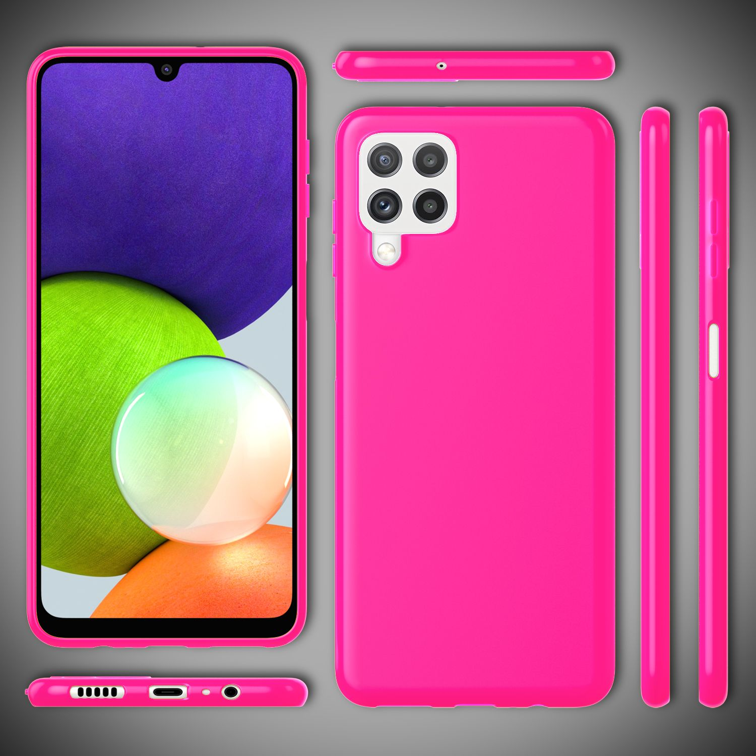 Eine pinke Handyhülle mit einem Telefon darin, plus eine Ansicht des Bildschirms des Telefons. Mehrere Perspektiven werden gezeigt.