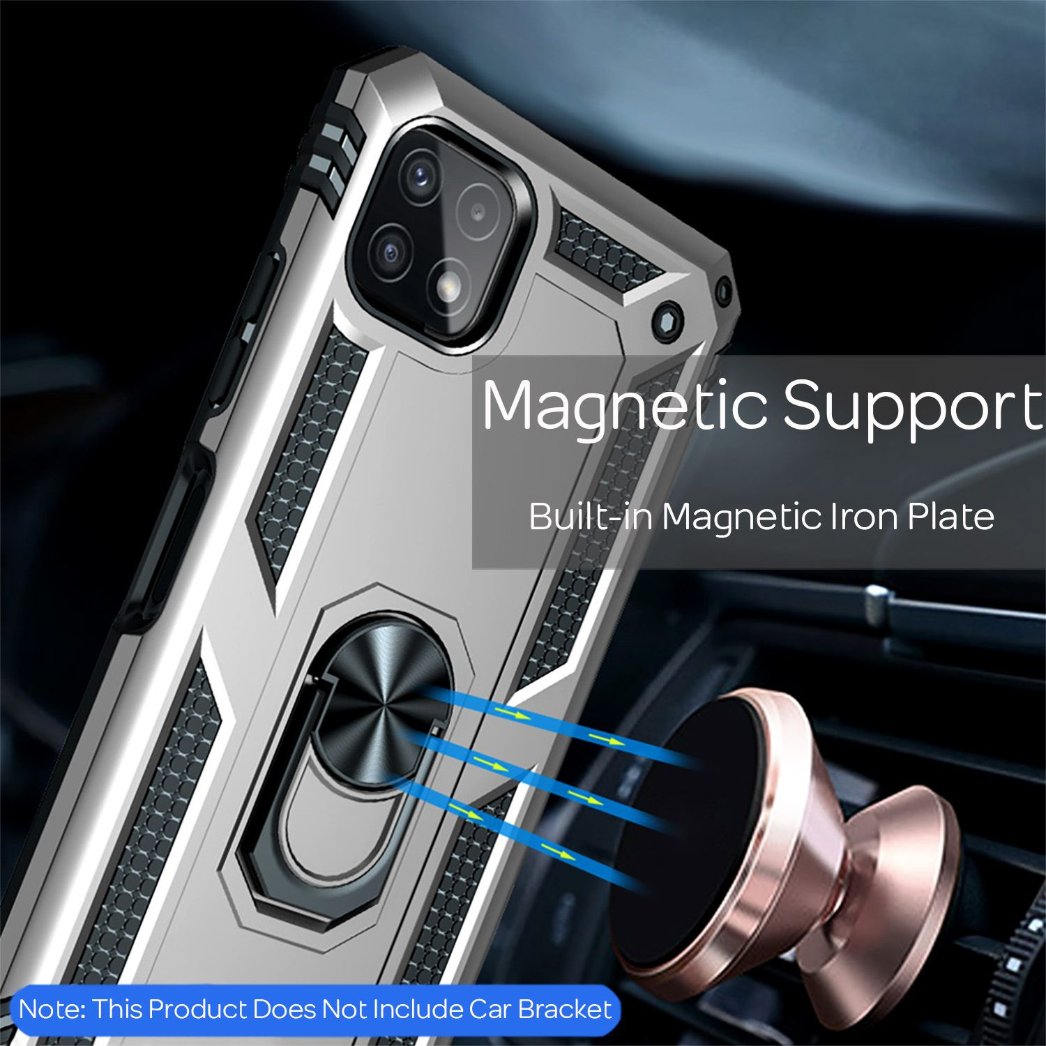 Silberne Handyhülle mit magnetischer Halterung für das Auto, auf dunklem Hintergrund. Nahaufnahme.