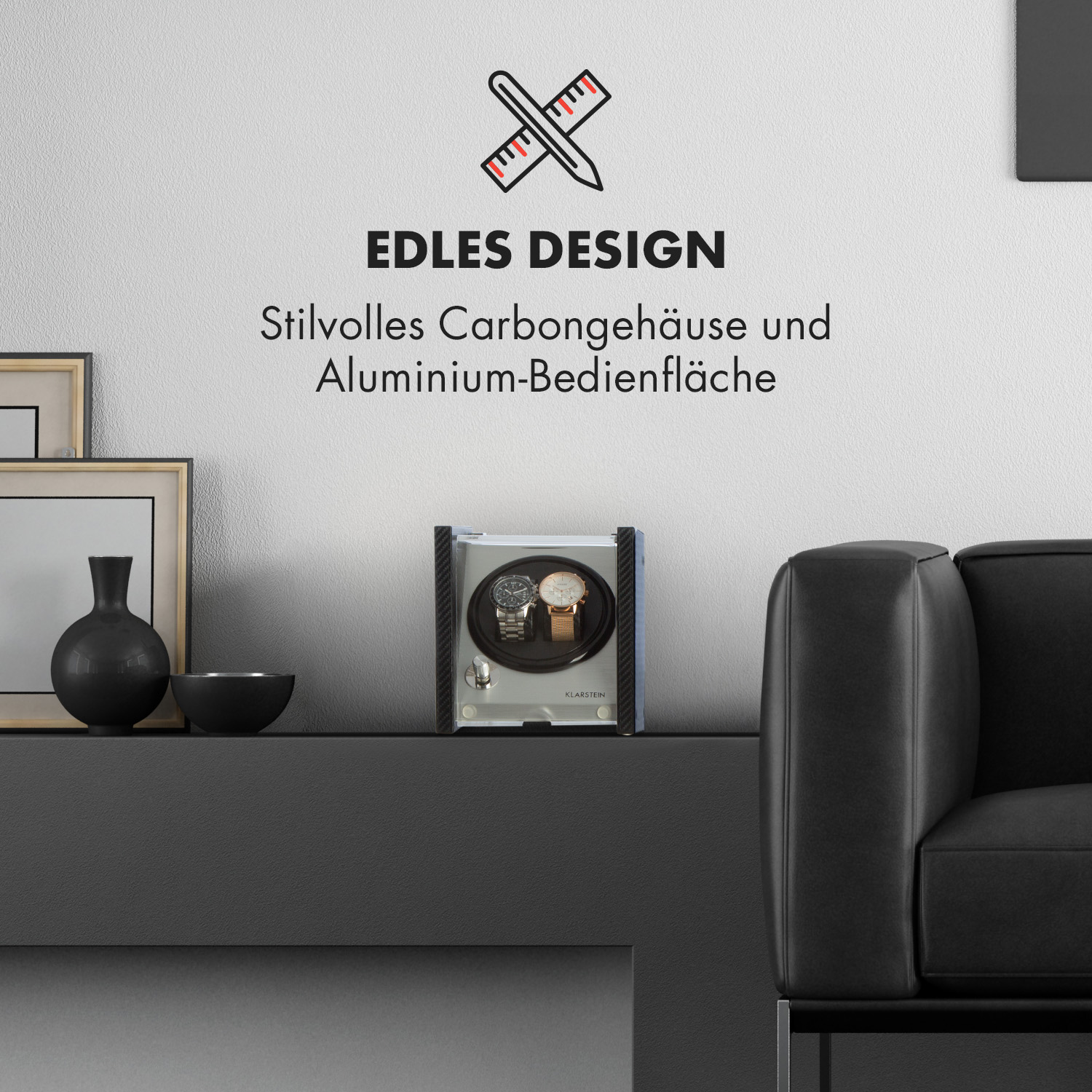Uhrenbeweger. Text: Edles Design, Stilvolles Carbongehäuse und Aluminium-Bedienfläche. Uhren innen.