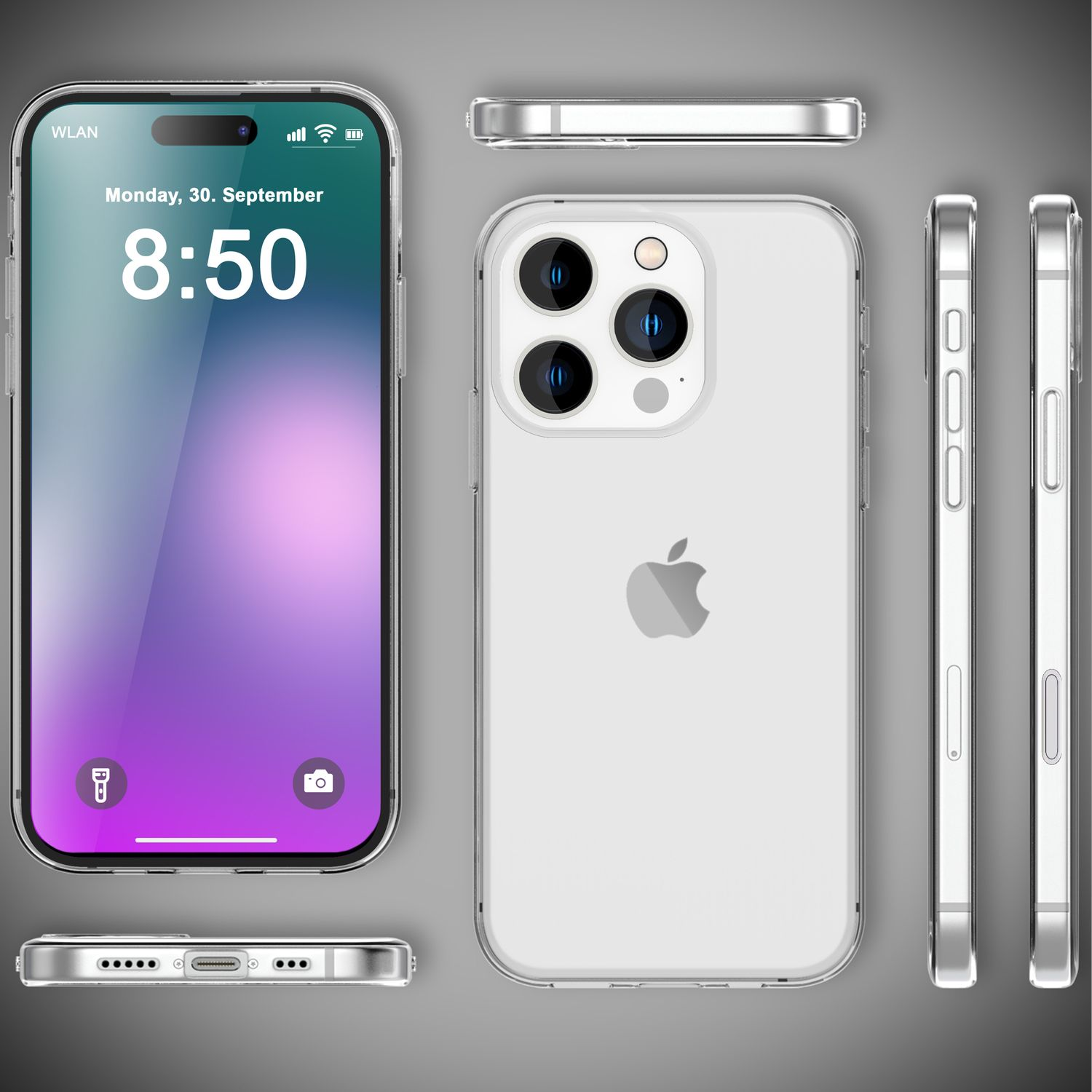 Transparente Handyhülle für ein iPhone, Vorder-, Rück- und Seitenansicht. Das Telefon zeigt eine Digitaluhr.