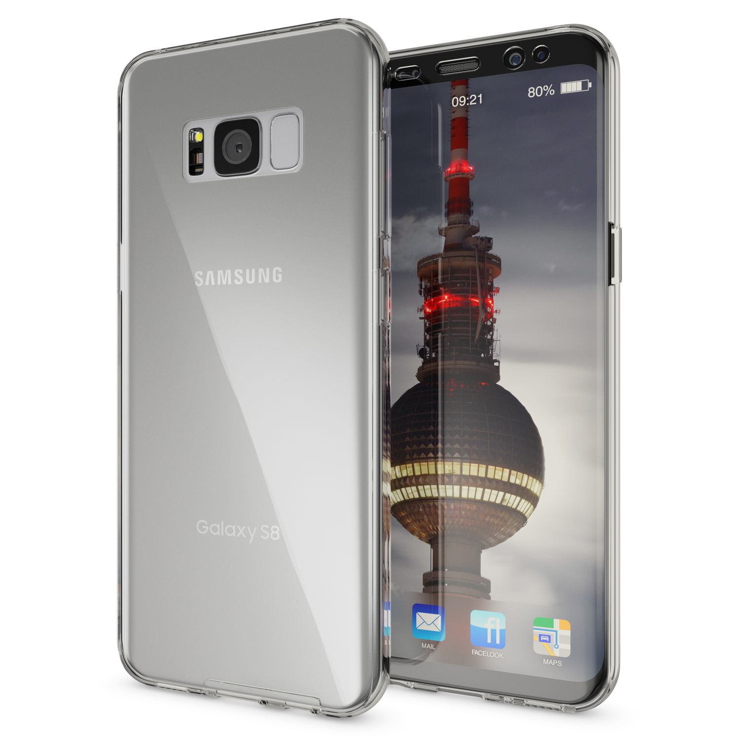 Telefon in transparenter Hülle. Rückseite des Telefons sichtbar. Bildschirm zeigt Stadt in der Dämmerung.