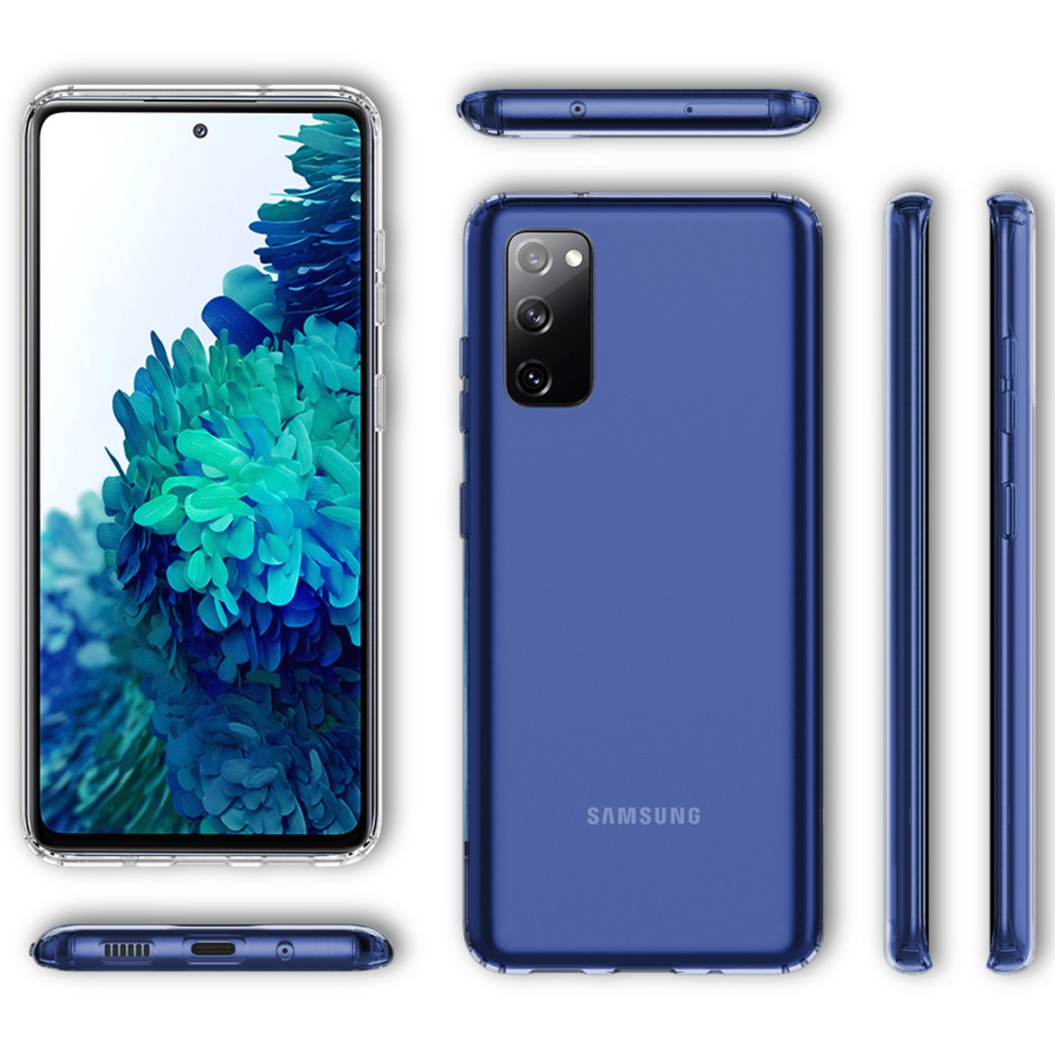 Blaue Handyhülle mit Telefon, aus verschiedenen Winkeln gezeigt. Text: SAMSUNG.