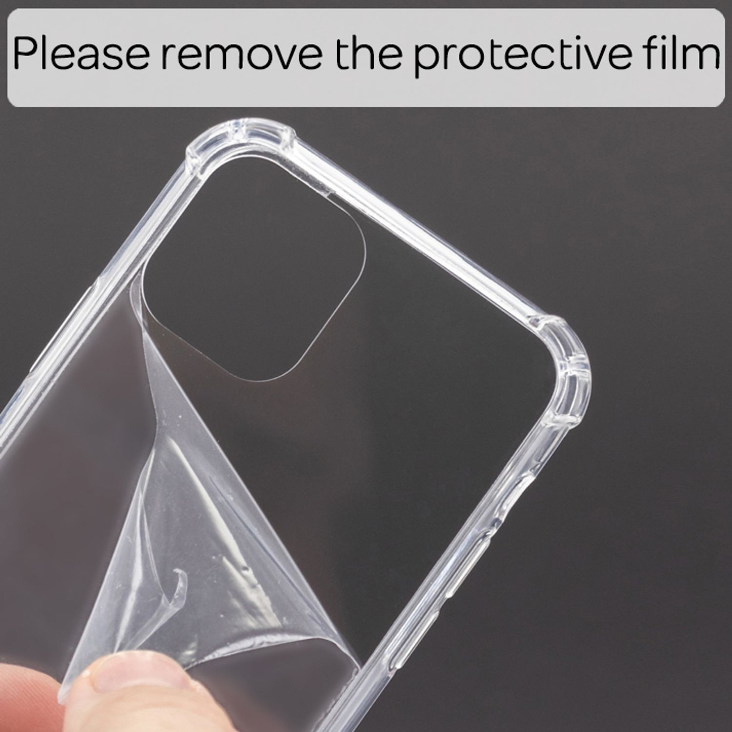 Mano quitando una película protectora transparente de una funda. Texto: Retire la película protectora.