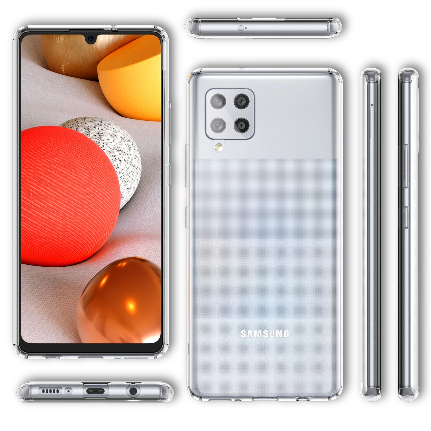 Transparente Handyhülle mit Telefon, aus verschiedenen Winkeln gezeigt. Text: SAMSUNG.