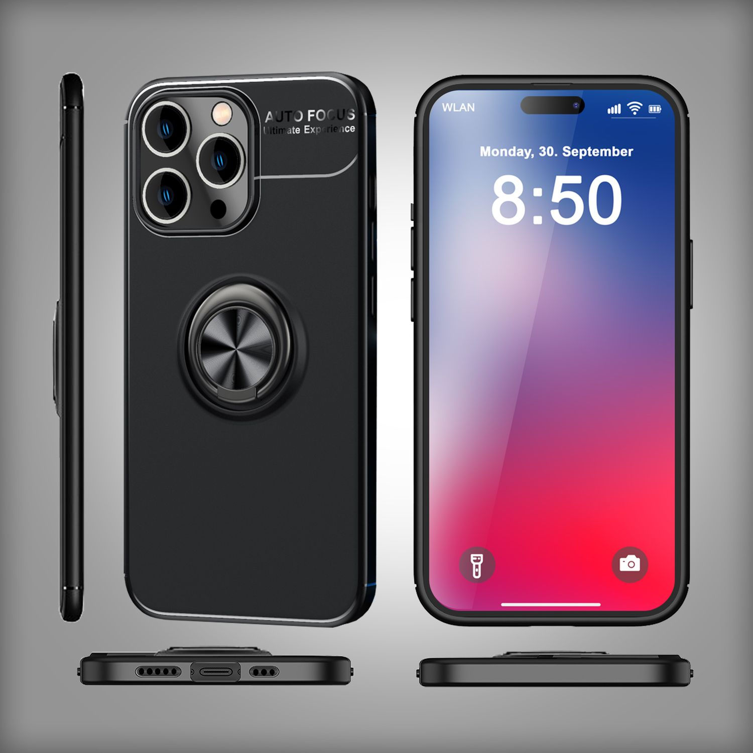 Eine schwarze Handyhülle mit einem Ringhalter und einem Telefonbildschirm, der Datum und Uhrzeit anzeigt.
