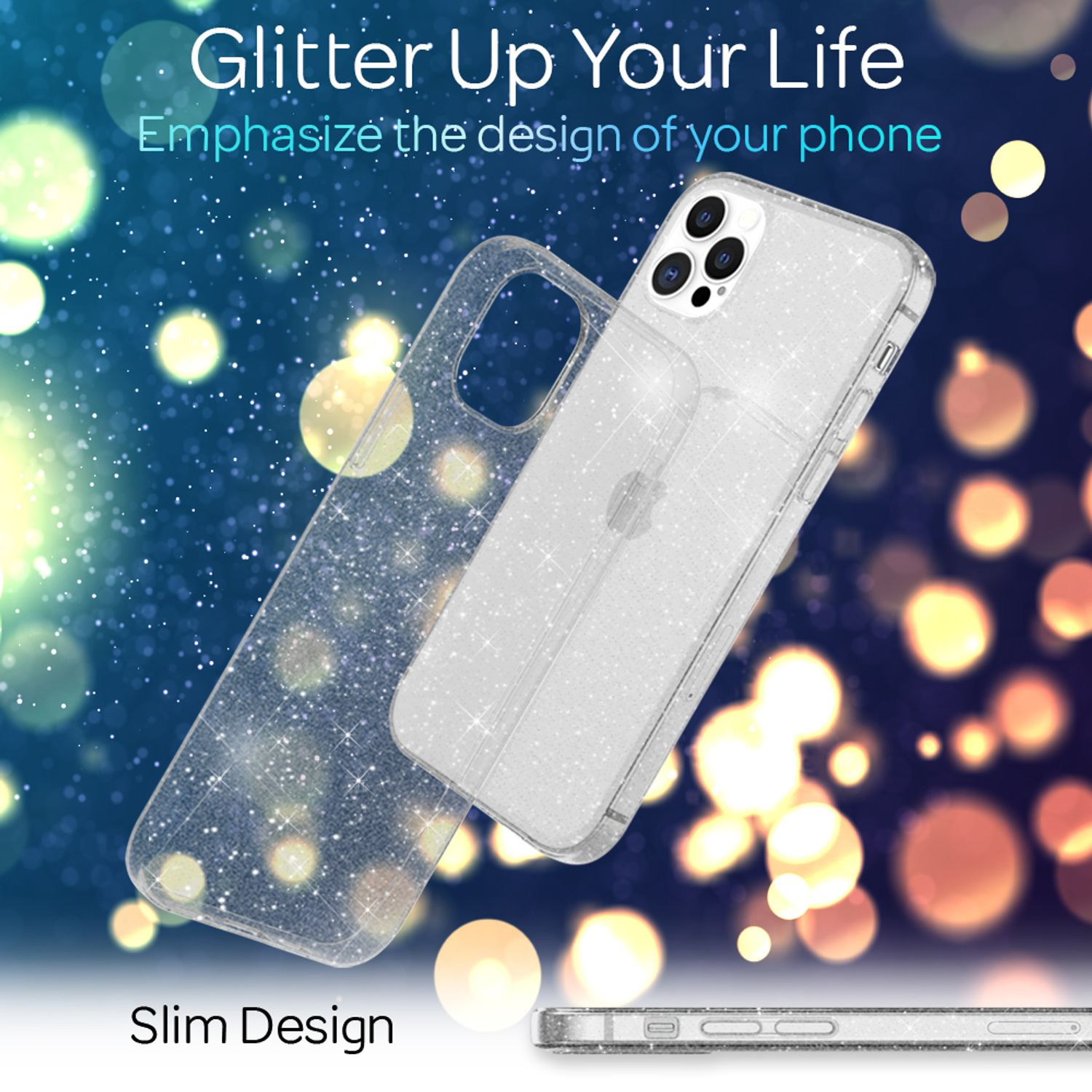 Funda transparente con purpurina y teléfono. Texto: Glitter Up Your Life. Diseño delgado.