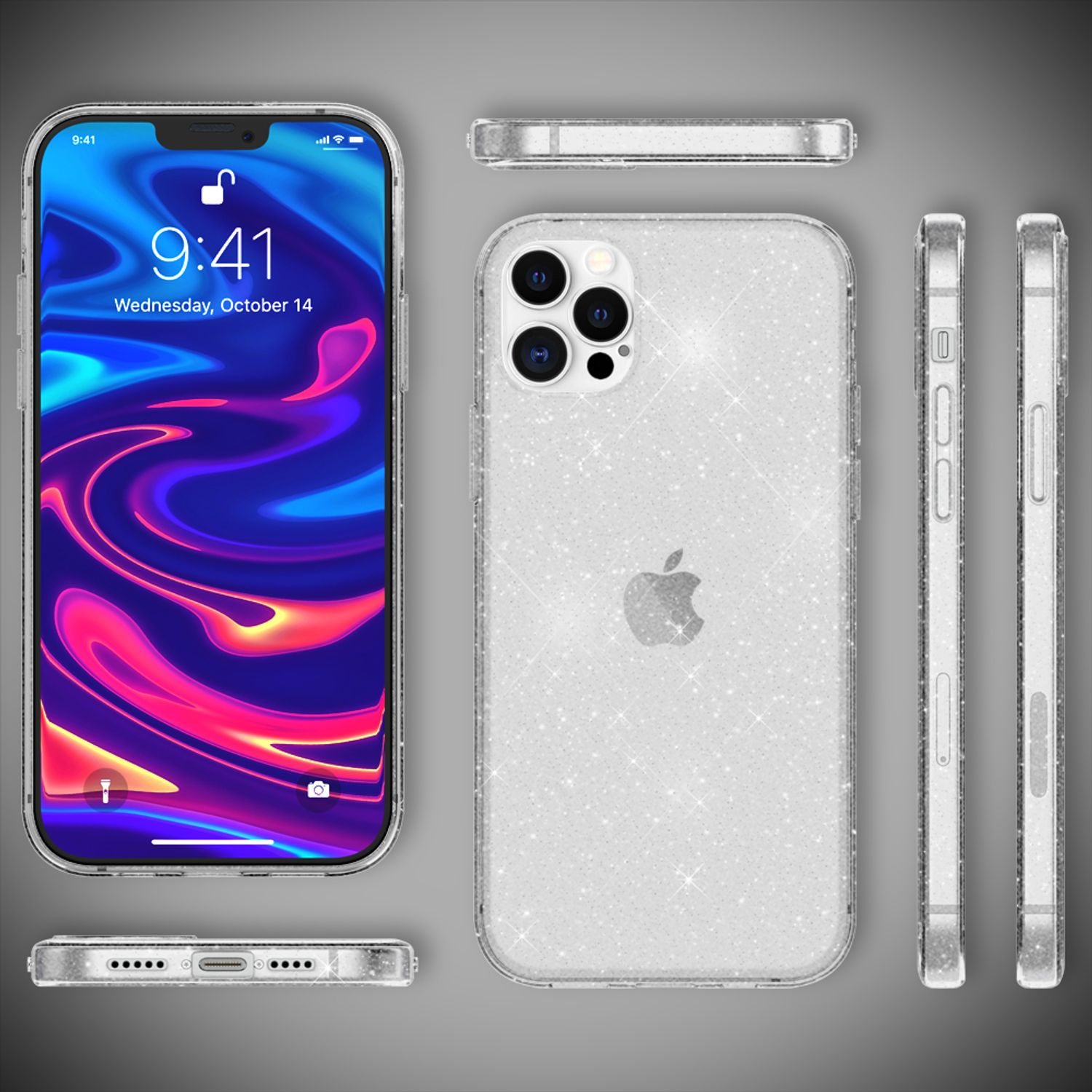 Teléfono en funda transparente con purpurina, mostrado desde varios ángulos. Logotipo de Apple visible. Miércoles, 14 de octubre.