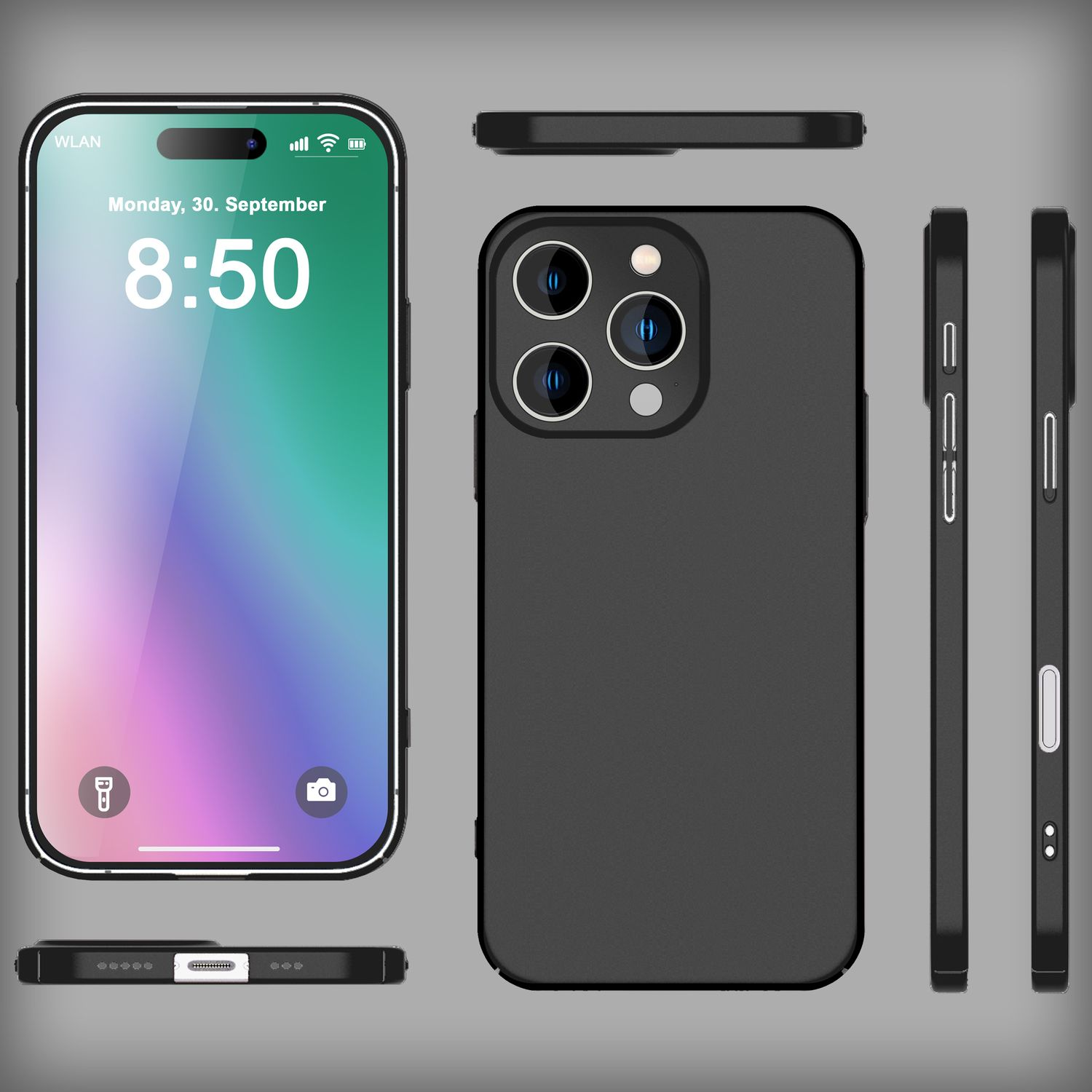 Schwarze Handyhülle mit Telefon, aus verschiedenen Winkeln gezeigt. Text: Montag, 30. September, 8:50.