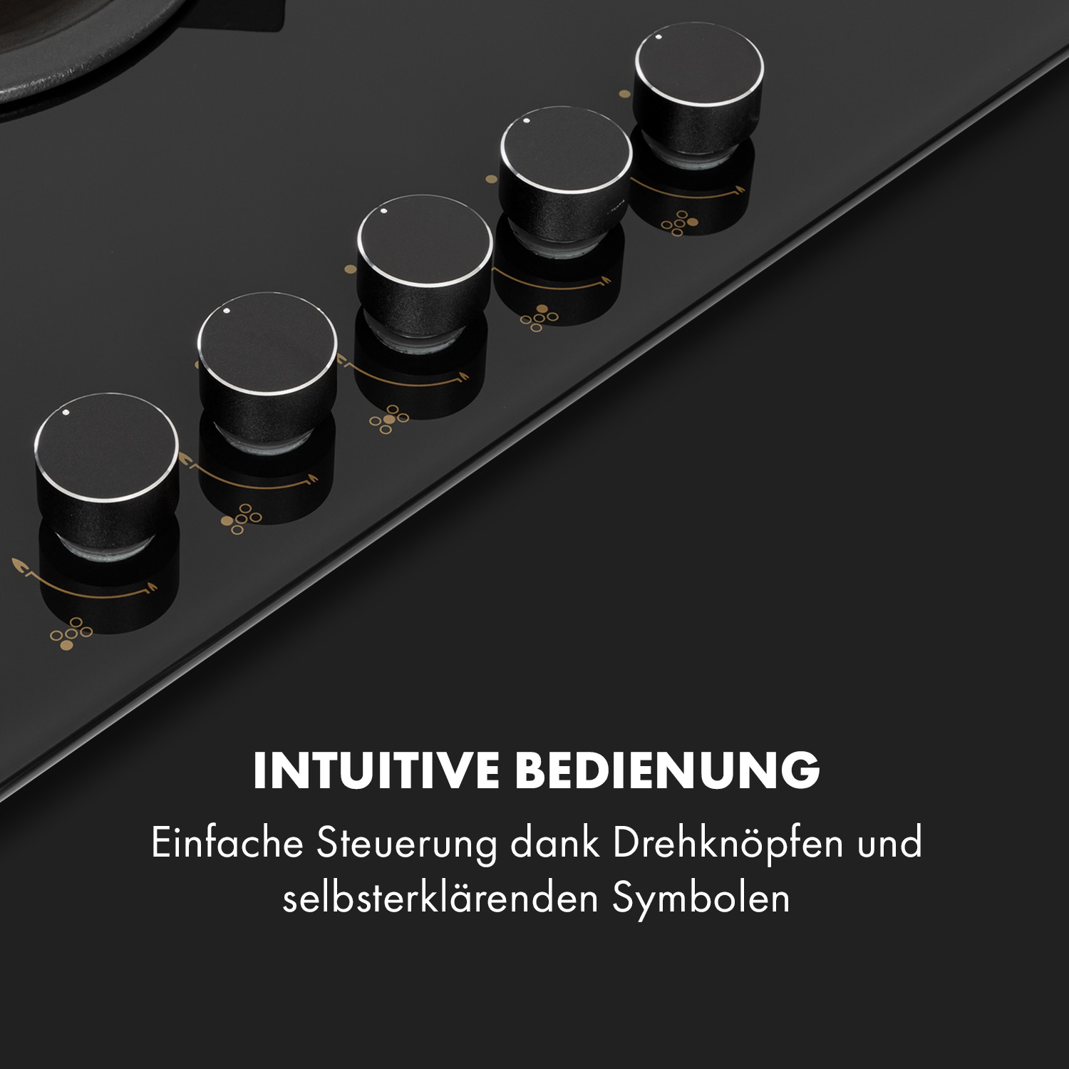 Schwarzes Kochfeld mit Bedienknöpfen. Der Text lautet intuitive Bedienung mit einfacher Steuerung.