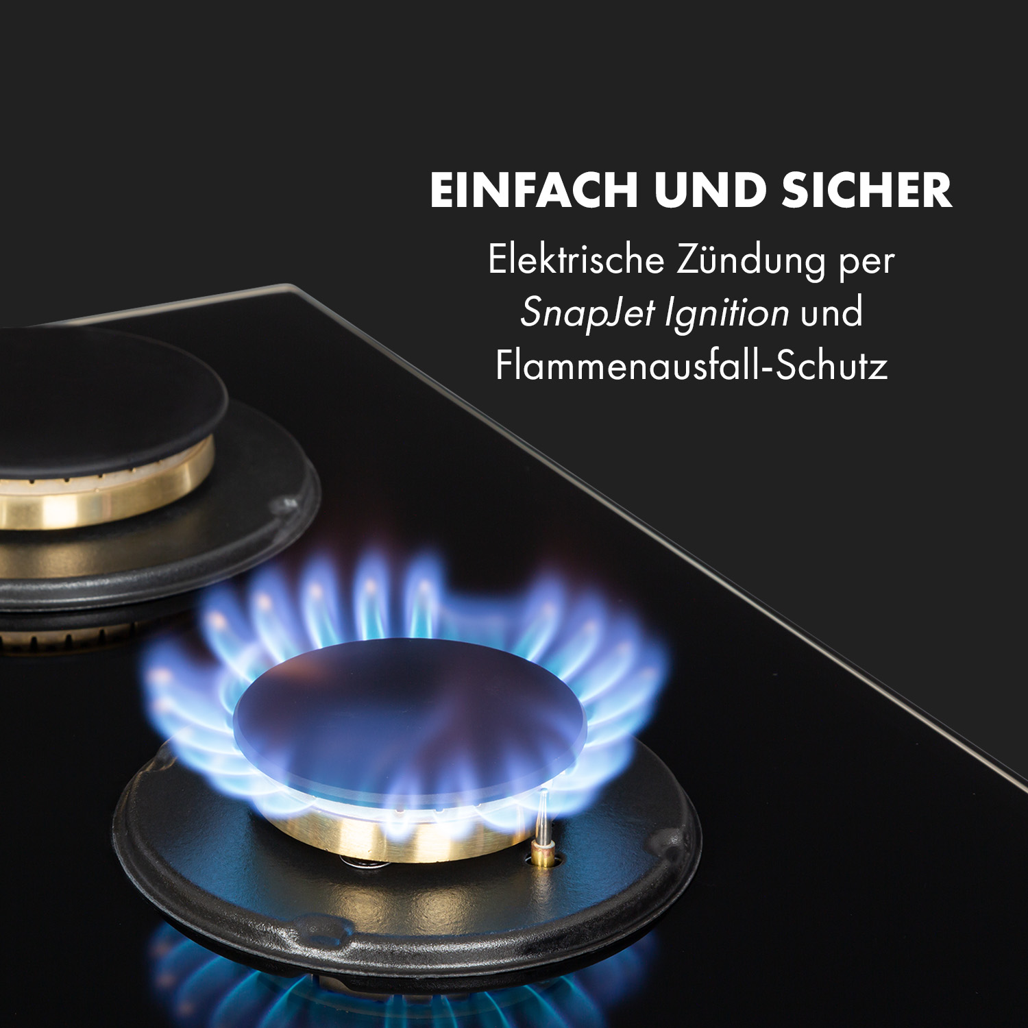 Gasherd-Brenner mit blauen Flammen auf schwarzer Oberfläche. Text: Einfach und sicher, SnapJet-Zündung.
