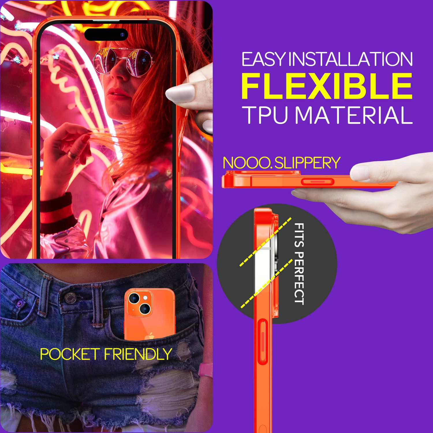 Mujer sosteniendo una funda naranja. Texto: Fácil instalación, material TPU flexible, apto para bolsillo.