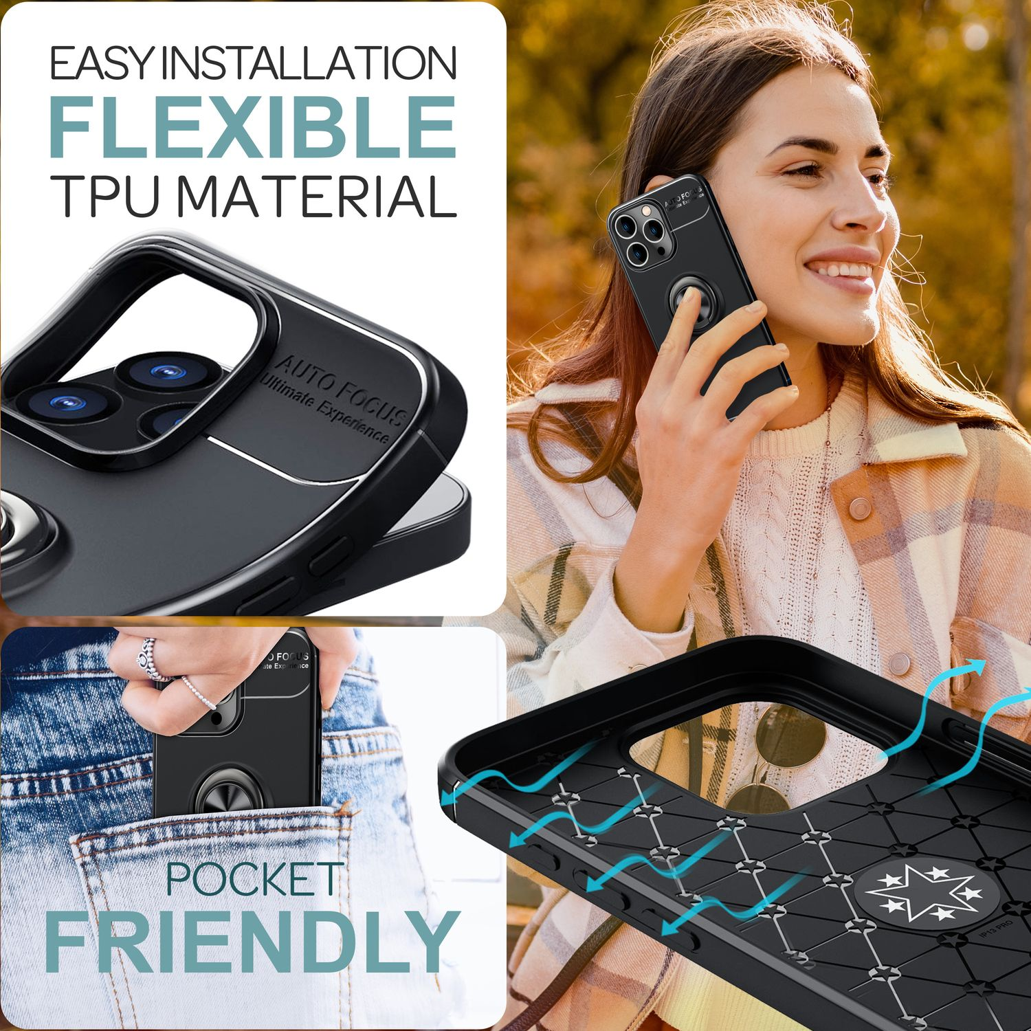 Werbung für Handyhülle: flexibles TPU-Material, Autofokus, taschenfreundliches Design und Luftstrom-Funktionen.