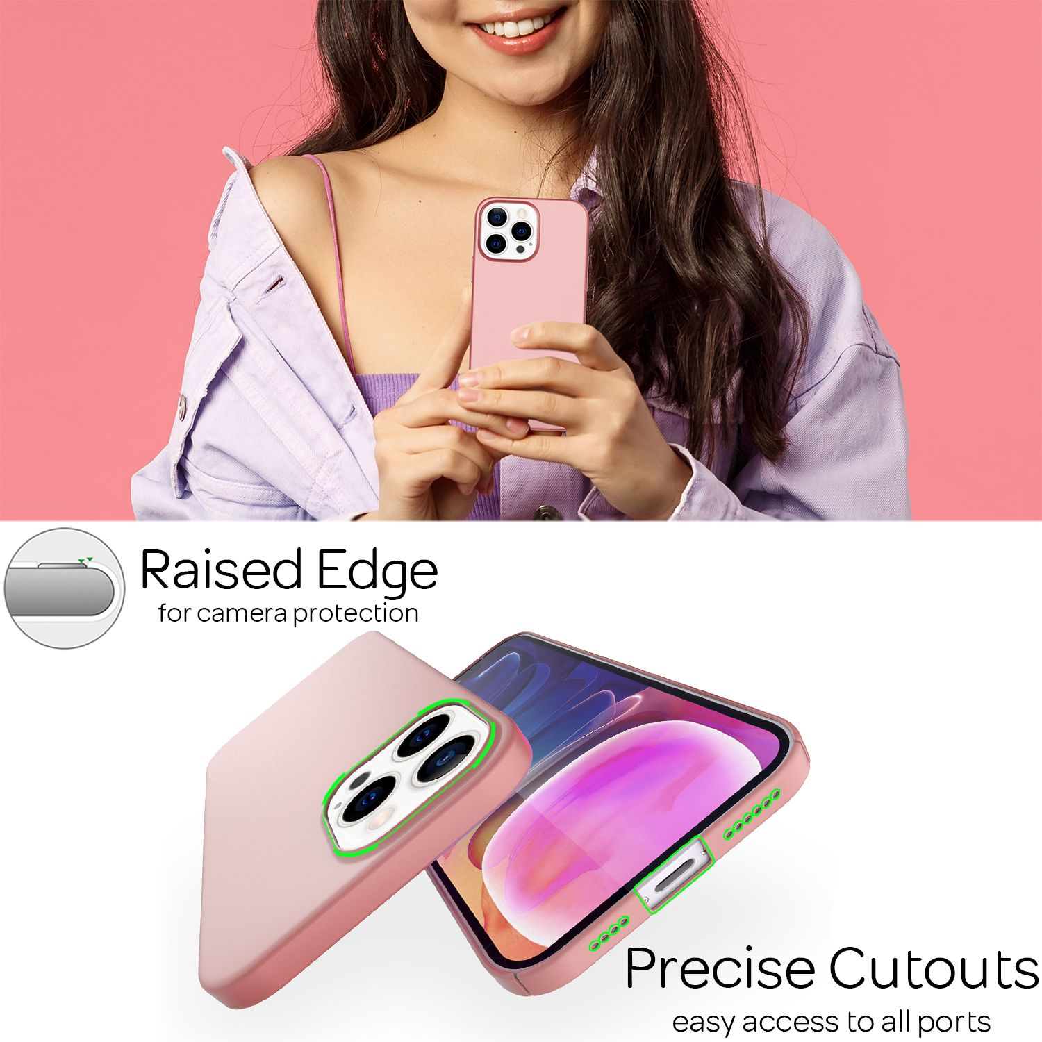 Funda de teléfono rosa con un teléfono dentro. Los recortes precisos son visibles.