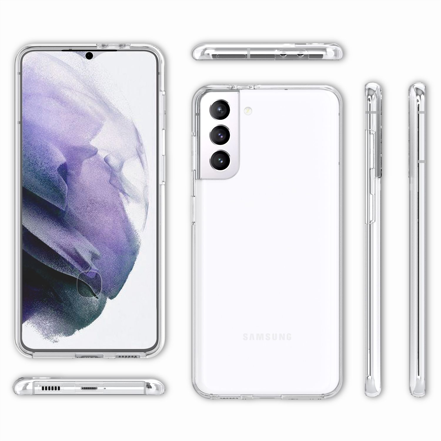 Custodia per telefono trasparente, viste multiple. Schermo del telefono visibile. Sfondo bianco.