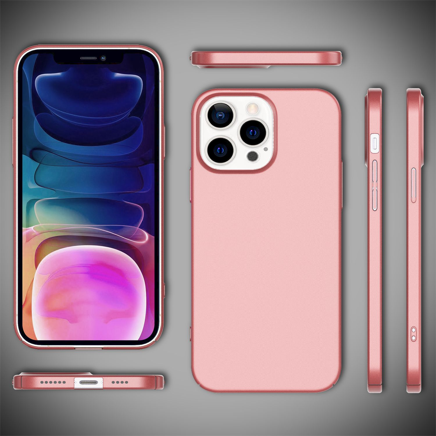 Funda rosa con un teléfono dentro. Múltiples ángulos: vistas frontal, trasera, lateral y vista inferior.