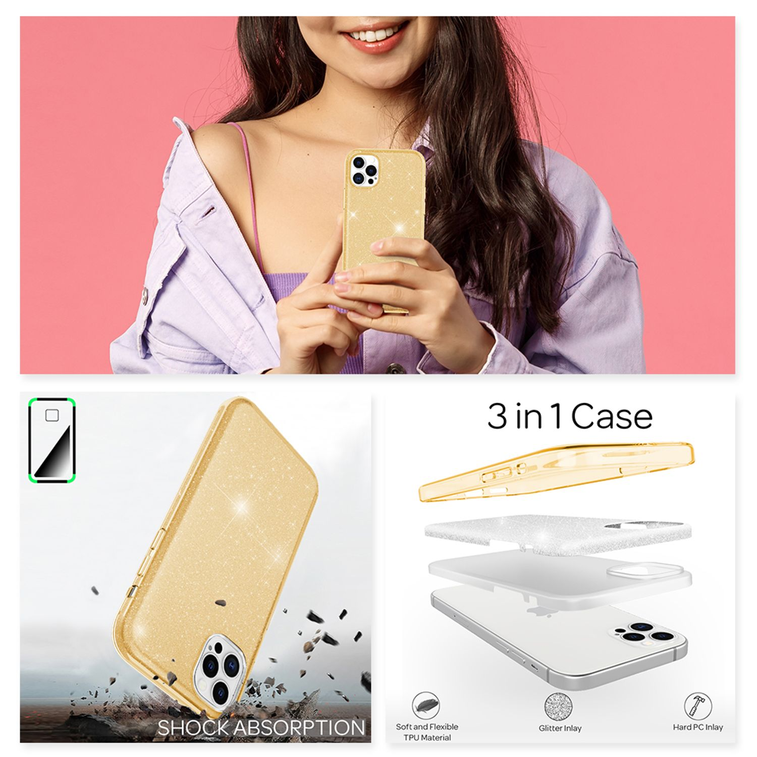 Eine Frau hält eine funkelnde goldene Handyhülle, die ihre Stoßabsorption und ihr mehrschichtiges Design zeigt.