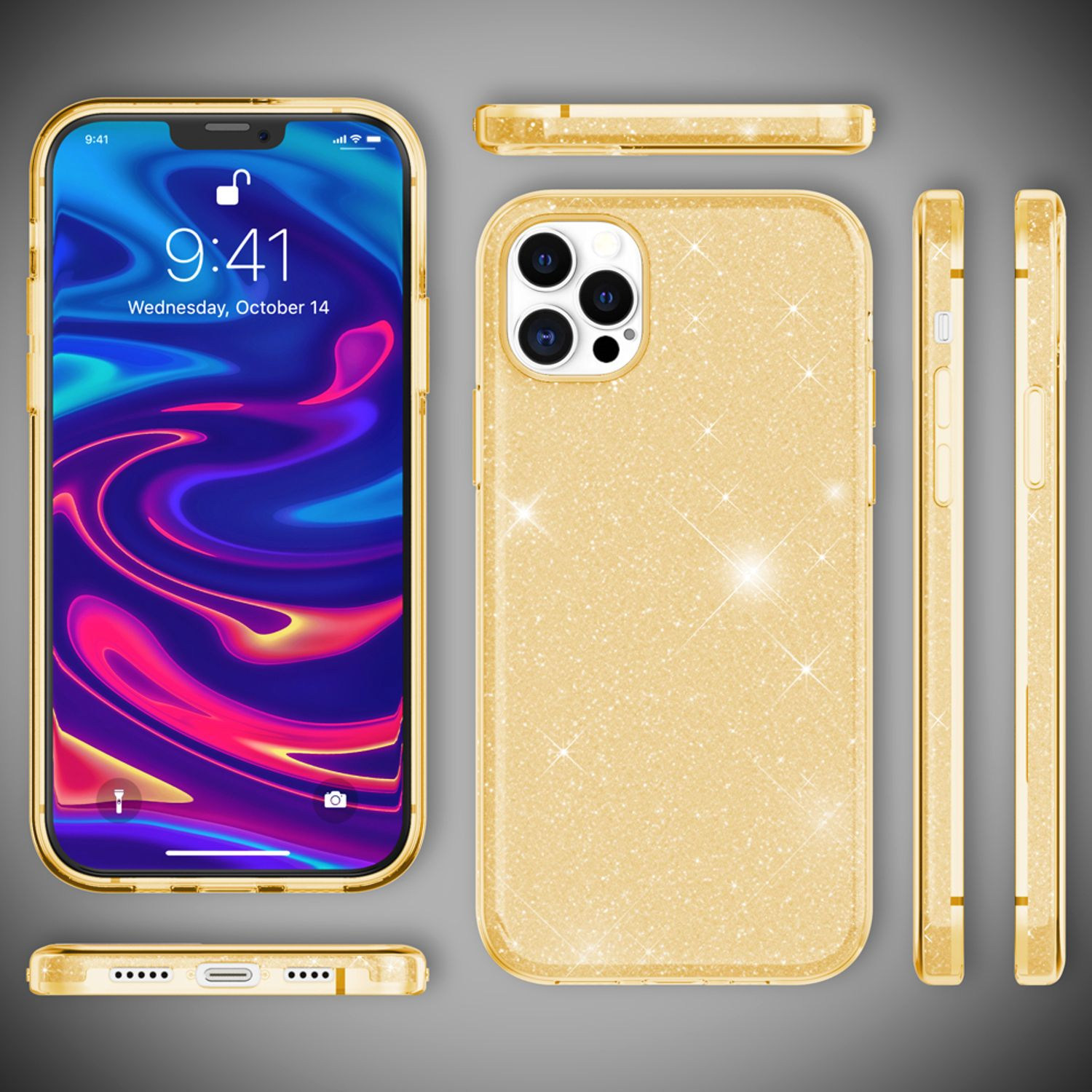 Goldene Glitzer-Handyhülle, die das Telefon aus verschiedenen Winkeln auf grauem Hintergrund zeigt.