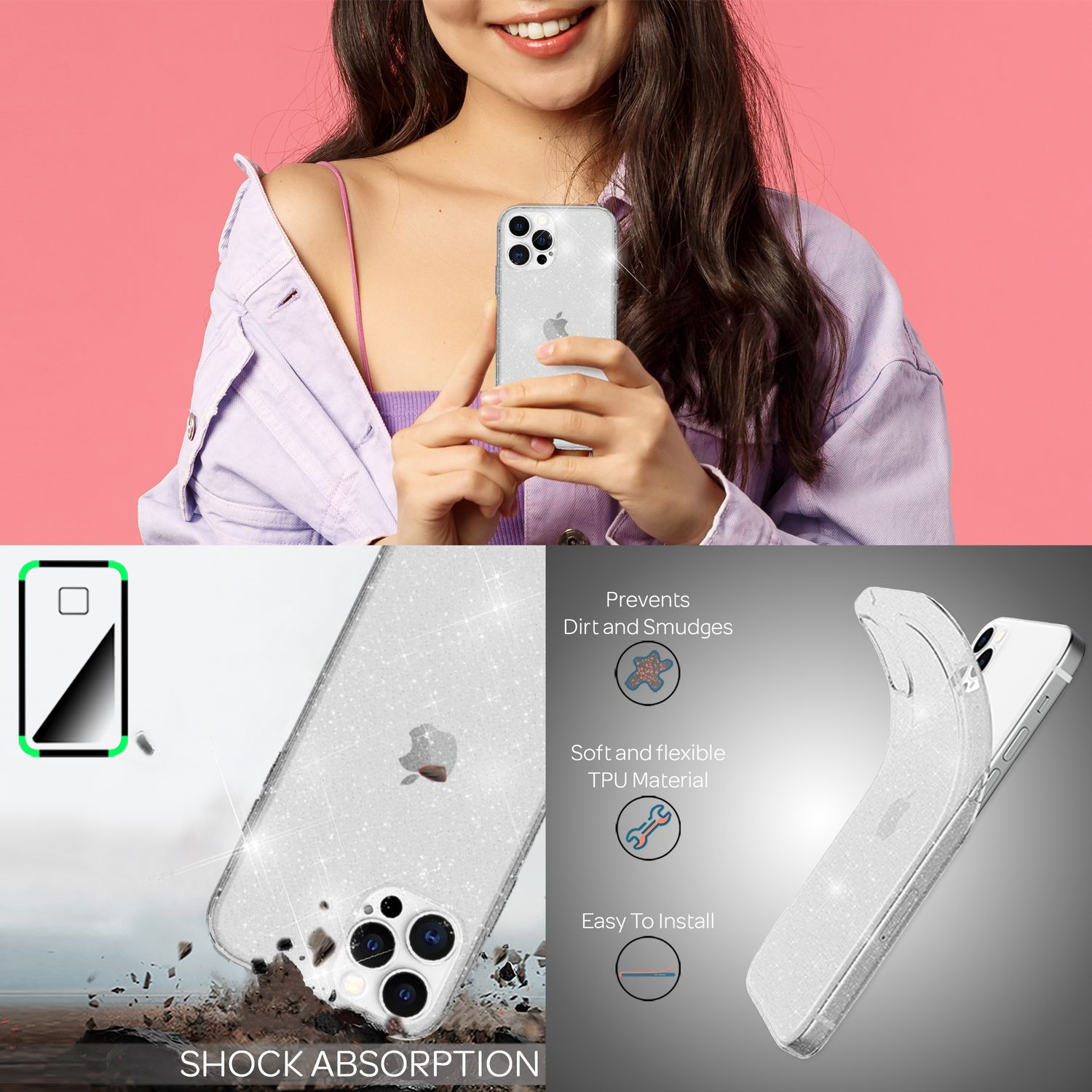 Mujer sosteniendo un teléfono con purpurina transparente. Texto: Evita la suciedad y las manchas, suave y flexible.