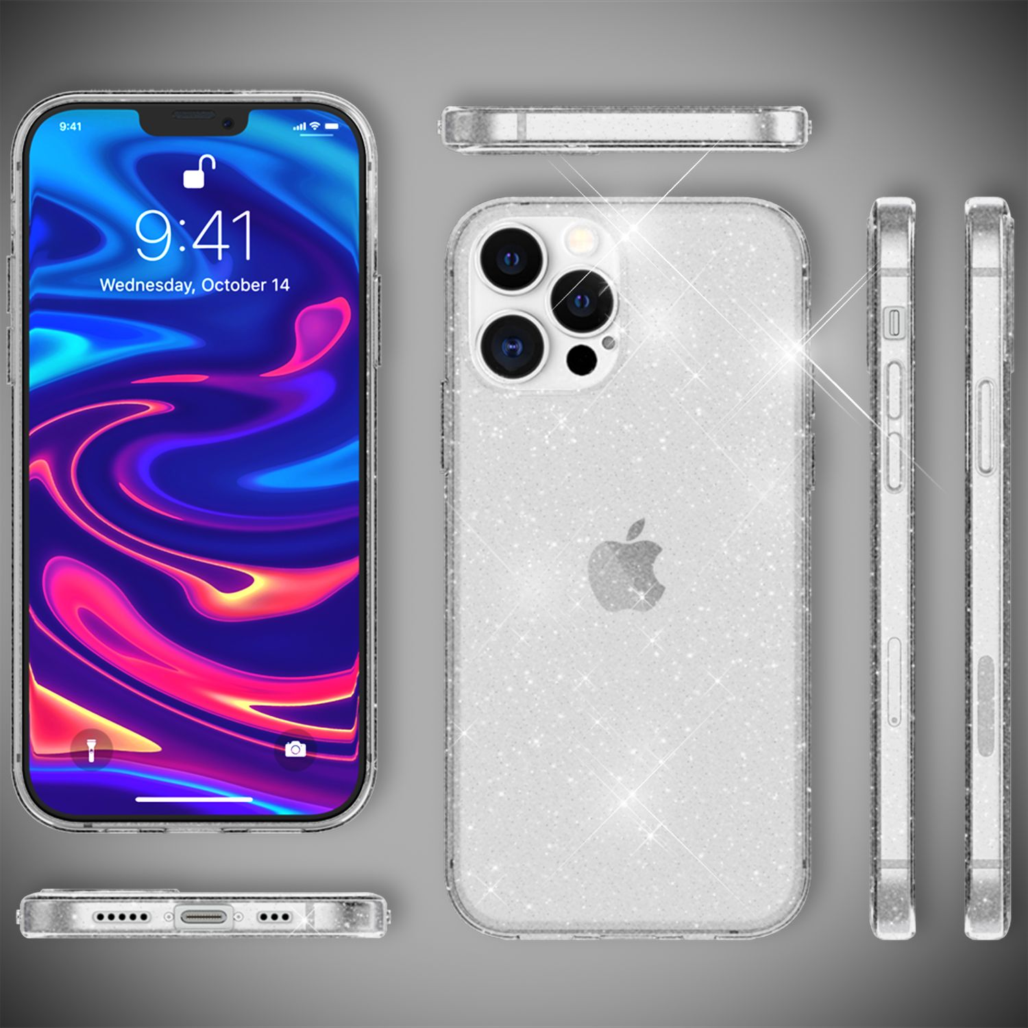 Funda con purpurina mostrando el teléfono desde múltiples ángulos, todo sobre un fondo gris.