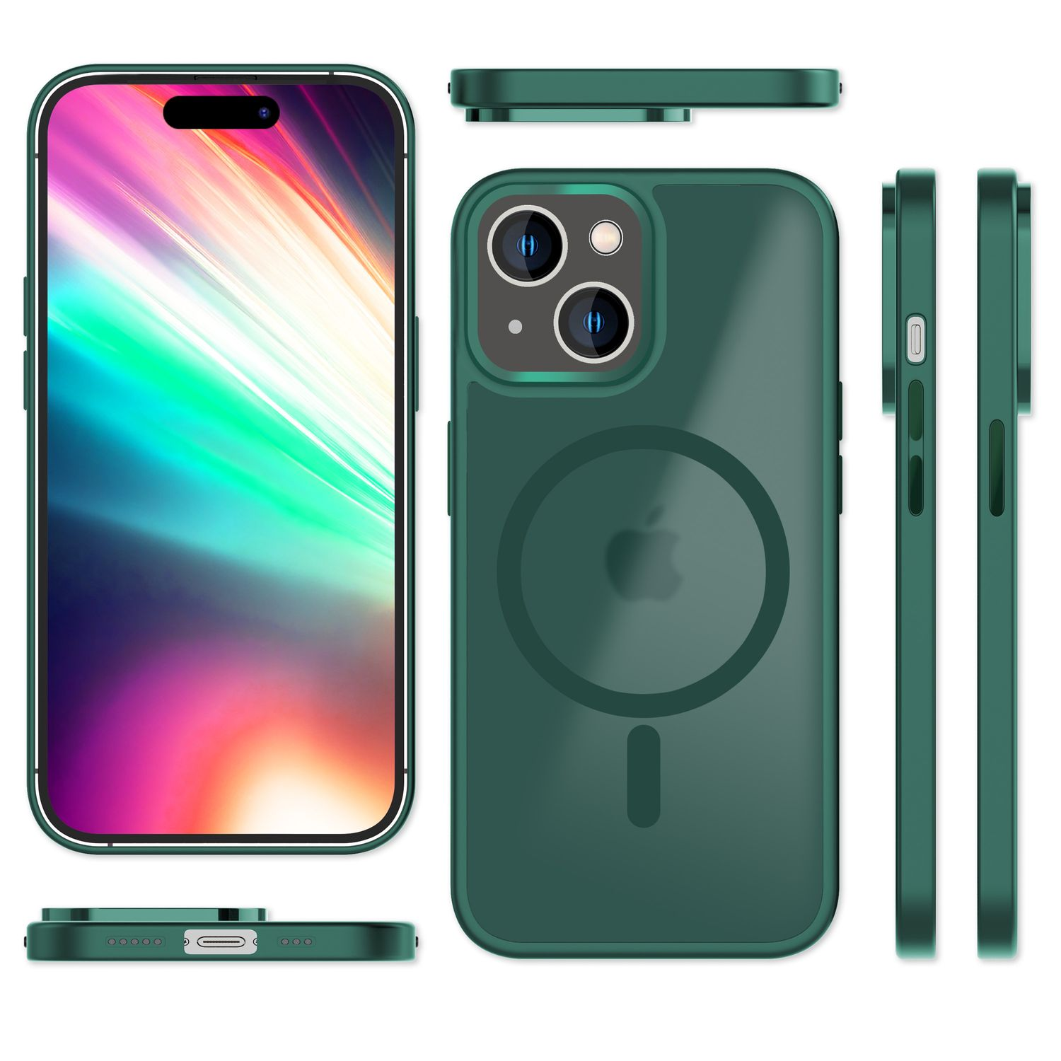 Grüne iPhone-Hülle mit Magnetkreis und Kameraausschnitten, aus mehreren Blickwinkeln betrachtet.