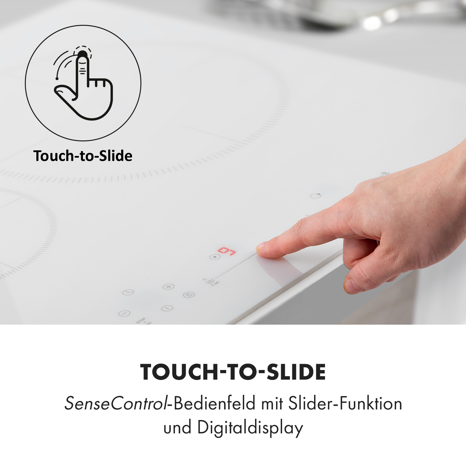 La mano de una persona tocando una pantalla digital en una estufa blanca, con texto 'Touch-to-Slide'.