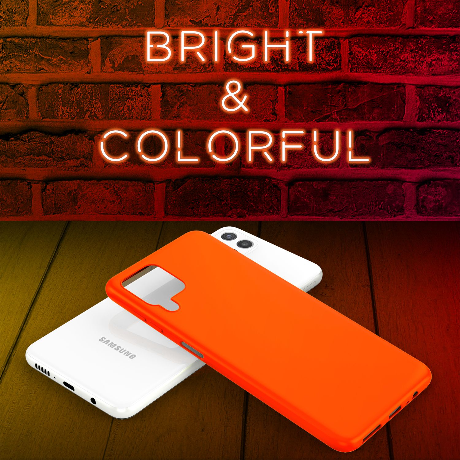 Orange und weiße Handyhüllen mit dem Text 'BRIGHT & COLORFUL'.