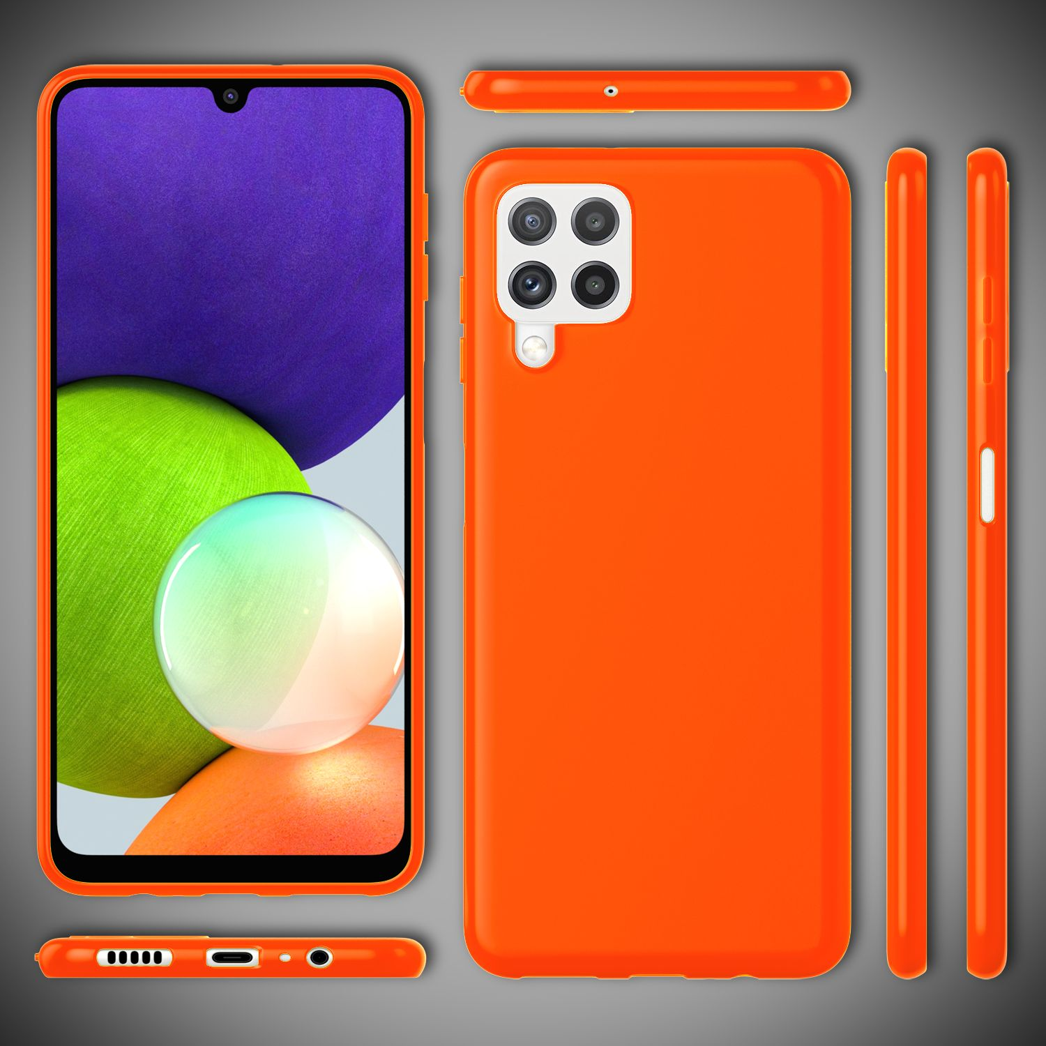 Orangene Handyhülle. Telefon und Hülle werden aus verschiedenen Winkeln gezeigt, um das Design der Hülle zu präsentieren.