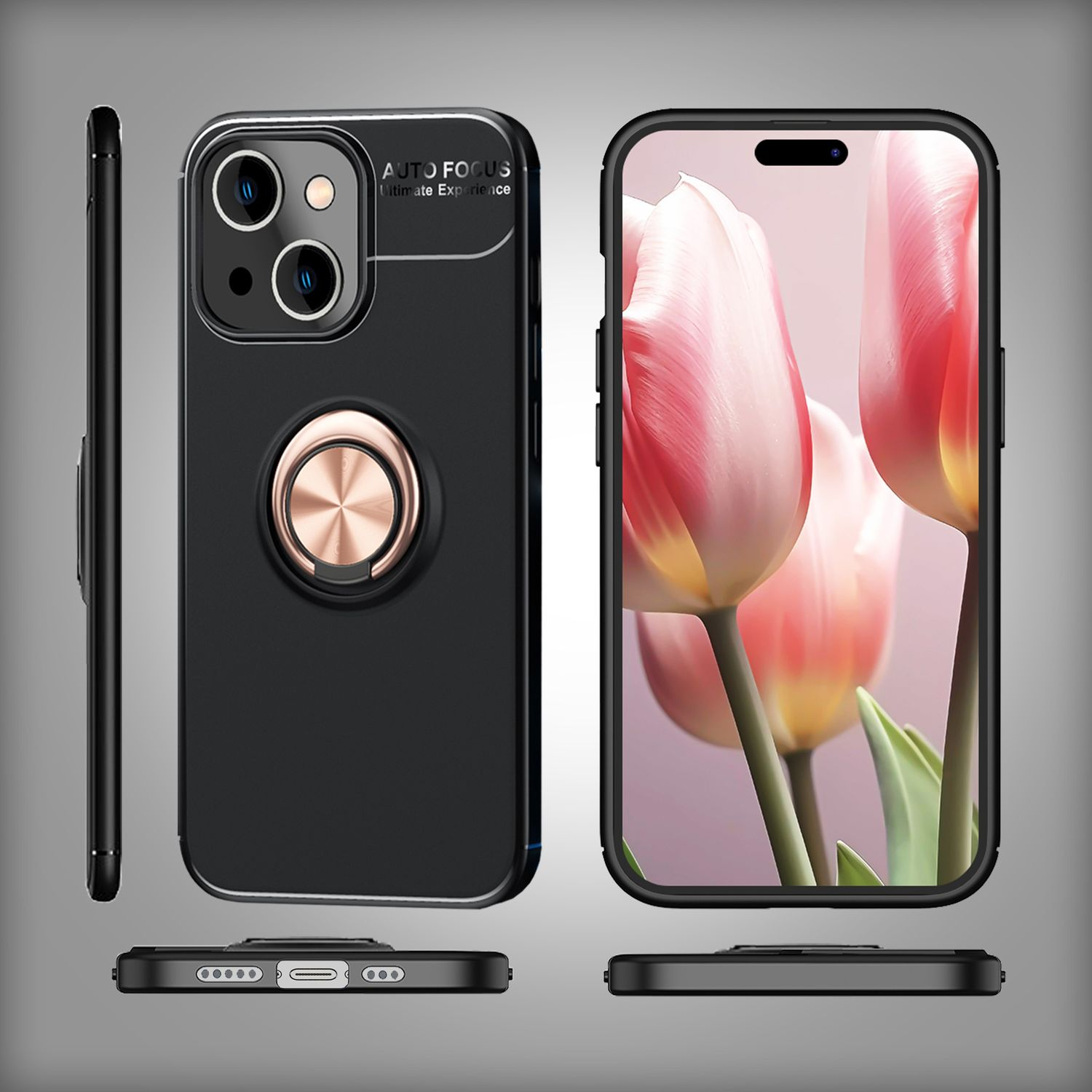 Una funda negra para teléfono con un soporte de anillo. La pantalla del teléfono muestra tulipanes. Se muestran vistas adicionales.