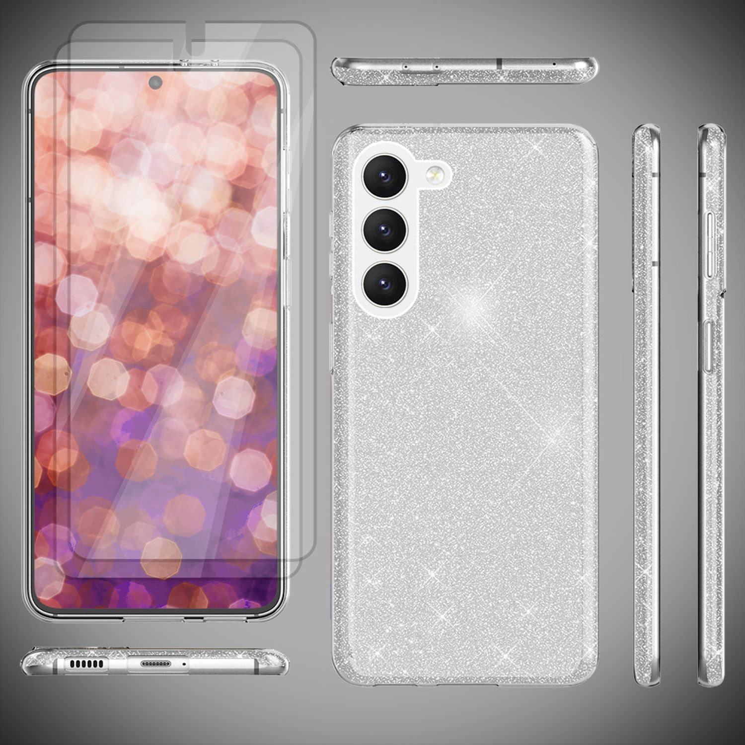Silberne Handyhülle mit Displayschutzfolie, verschiedene Ansichten. Telefon hat drei Kameras, Hülle glitzert.