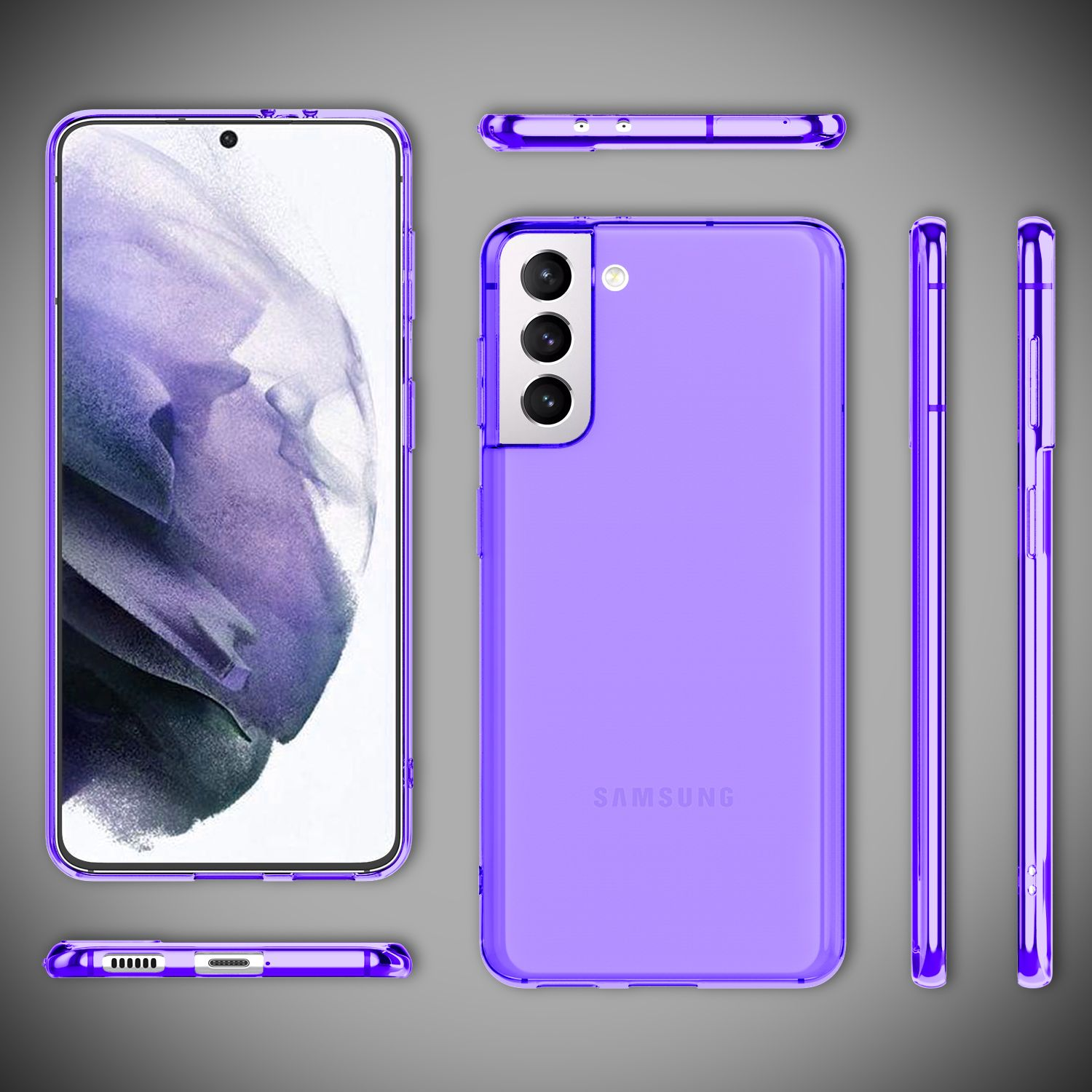 Lila Handyhülle mit einem Telefon darin. Telefon und Hülle werden aus verschiedenen Winkeln gezeigt, um das Design hervorzuheben.